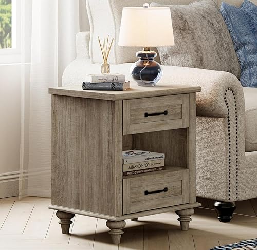 Miniatura 14 de WAMPAT Mesa auxiliar blanca con 2 cajones y estación de carga, mesita de noche de mediados de siglo para dormitorio con tomas de corriente y puertos