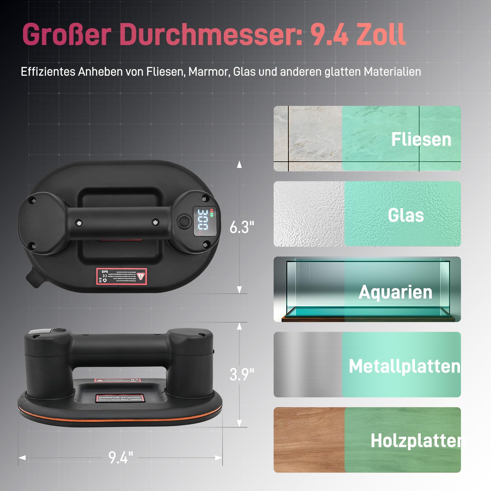 DURDUR 2 confezioni da 300 kg, sollevatore a batteria da 9,4 pollici, sollevatore elettrico a ventosa per piastrelle, con funzione di aspirazione automatica, 2 motori, 2 batterie da 2000 mAh