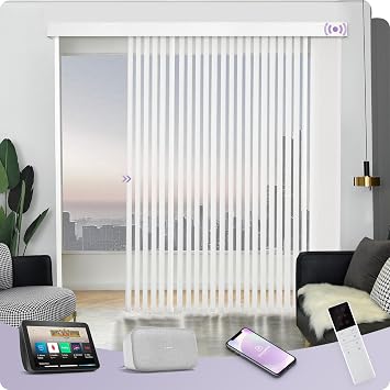 Graywind Motorized Vertical Blinds Compatible with Alexa Google Privacy Reversible Blackout Smart Vertical Blind Remote Control Track Slats Set for Home OfficeDimout Streamline White