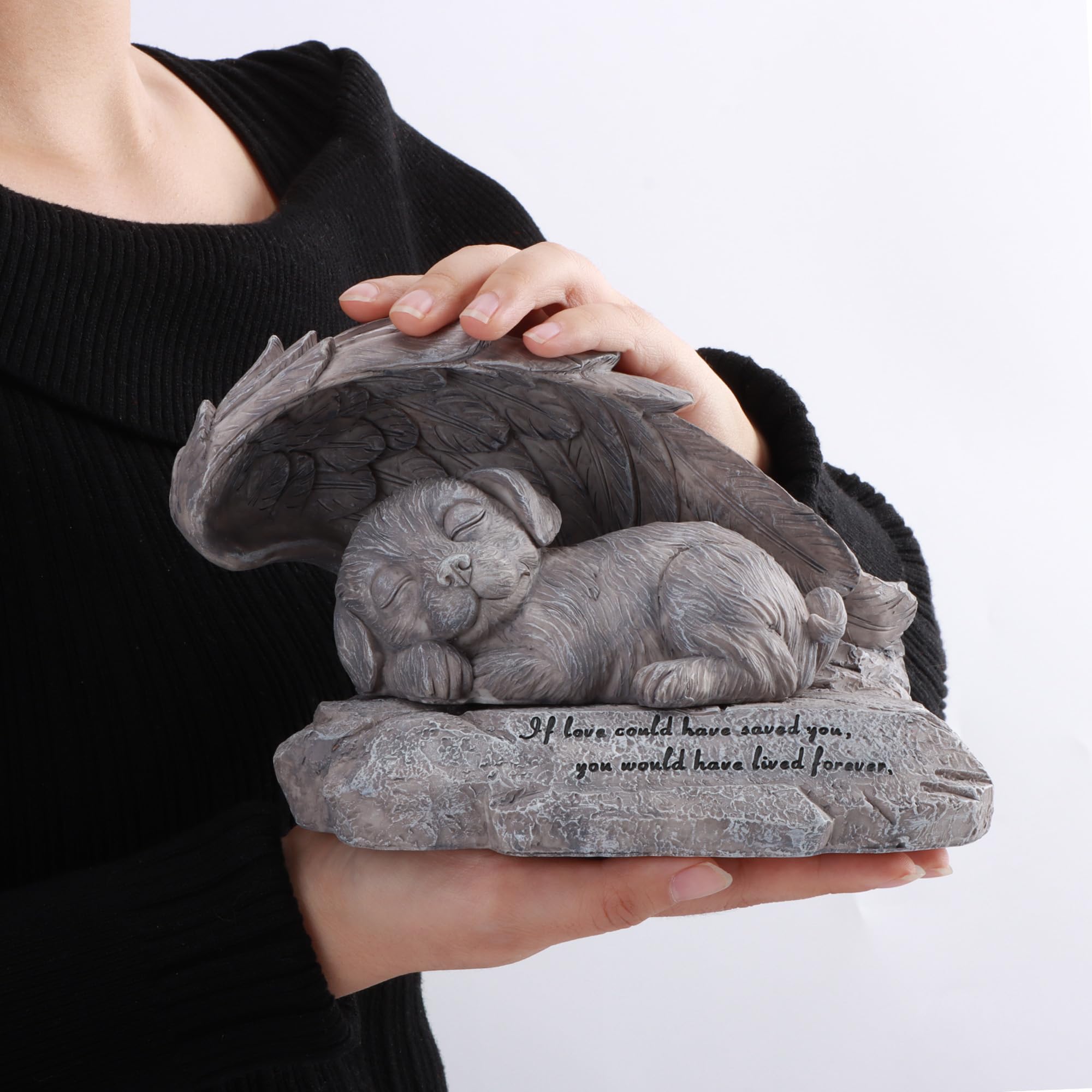Mémorial pour chien et animal de compagnie - Statue commémorative pour chien - Pierre avec ailes d'ange - Urne pour chien - Cadeau de perte - Décoration de jardin en plein air