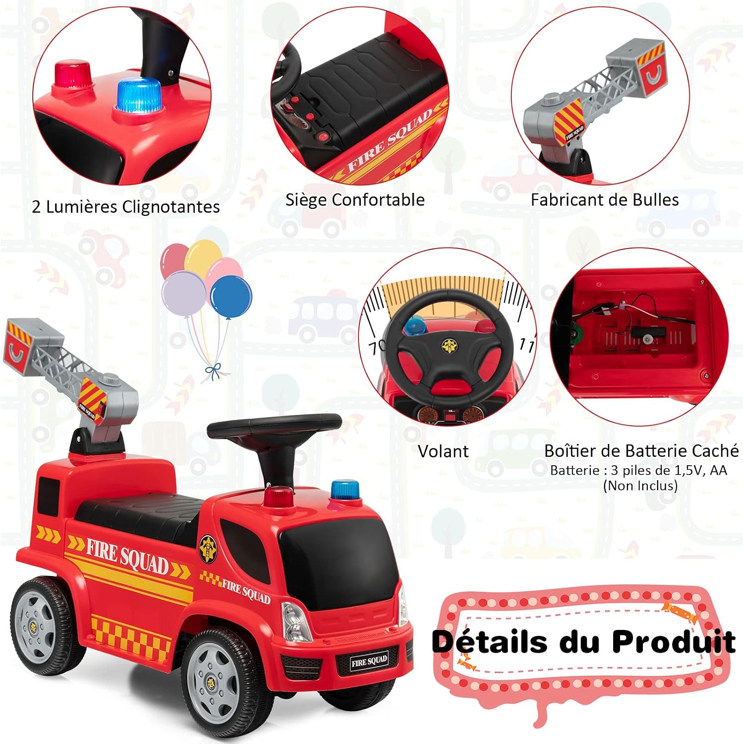 Détails du-devant et du volant du camion de pompier