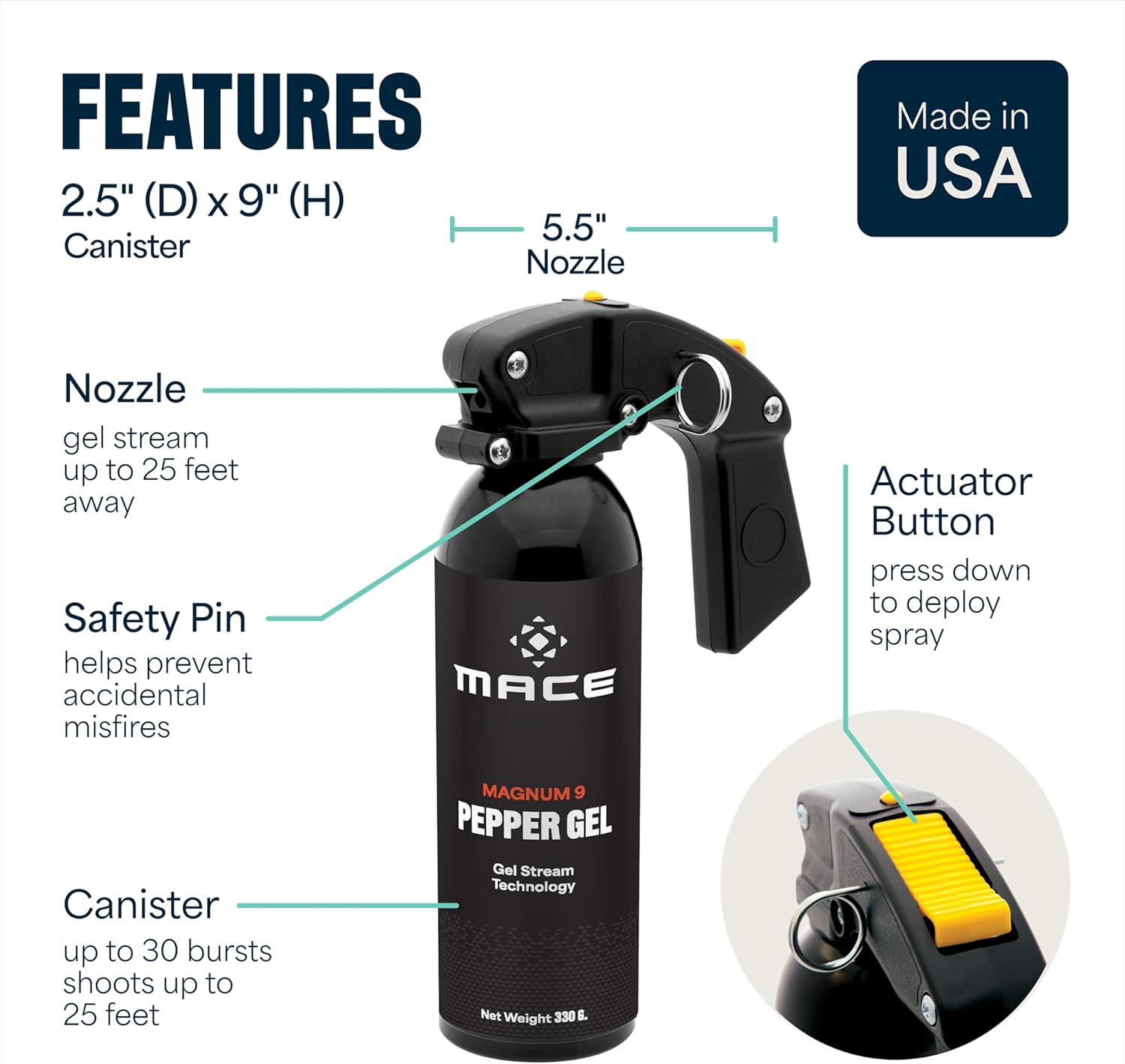 Mace Pepper Gel - Max Police Strength with UV Dye, No Wind Blowback, Long Range Protection, Personal Security & Home Defense Pepper Spray Gel for Women & Men