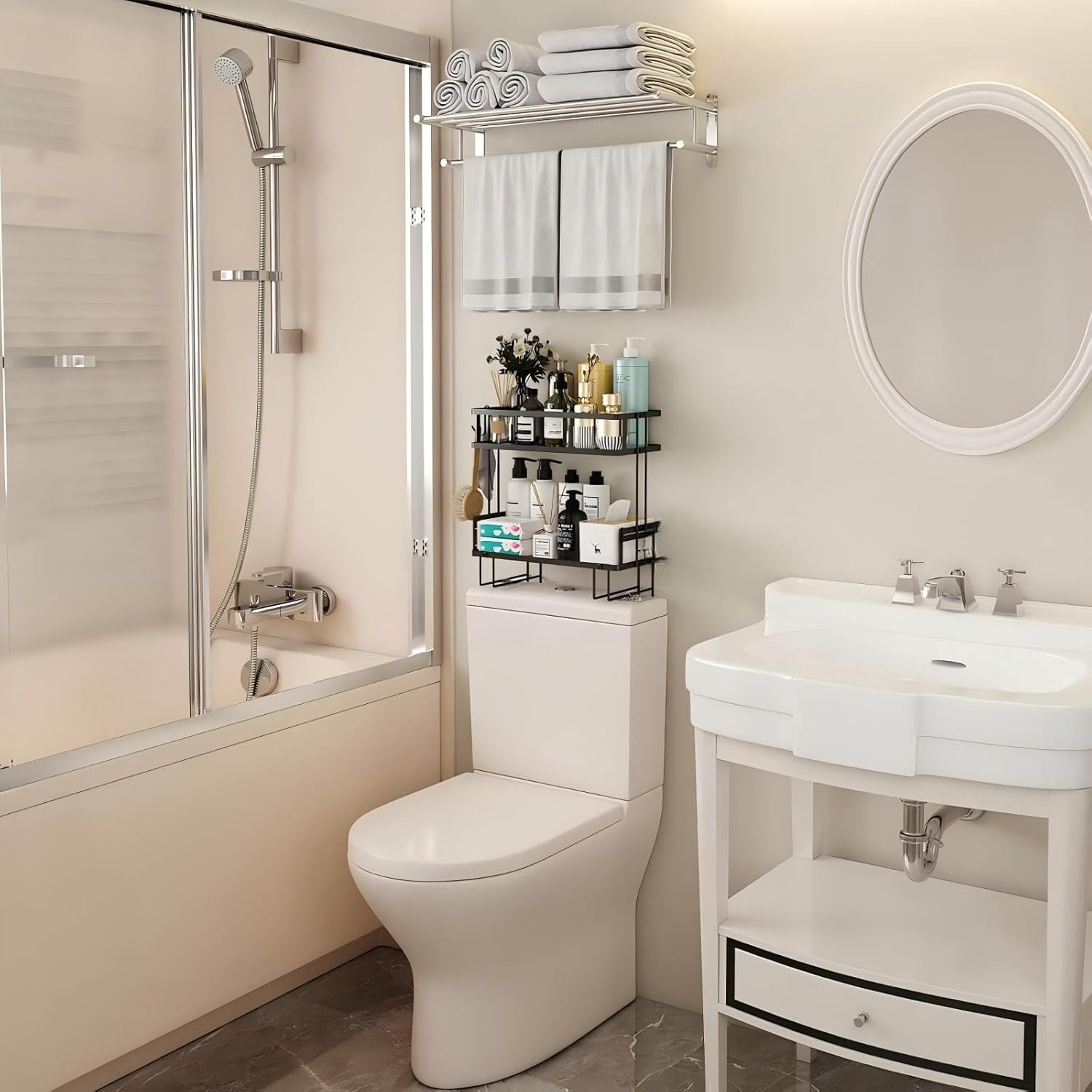 Bathroom Organizer Shelf - Over The Toilet Storage Rack, 2-Tier Floating Shelves with Hooks, No-Drill, Toilet Paper Holder for Restroom Bathroom Vanity Kitchen (Black, 2 Tier)