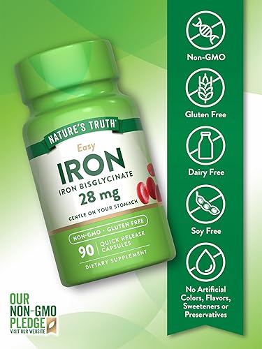 Vista 3 de Nature's Truth Suplemento de hierro para mujeres y hombres 28 mg 90 cápsulas Bisglicinato de hierro Sin OMG, sin gluten