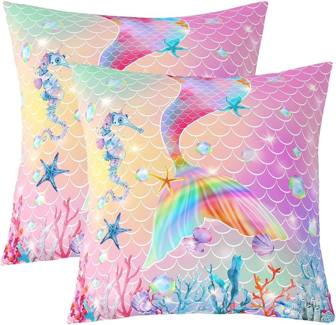 Girly Mermaid Throw Pillow Covers for Kids Child,Pink Blue Mermaid Tail Pillow Covers 24x24 set of 2,Tie Dye Pastel Coastal Animal Cushion Covers,Kawaii Princess Fish Scales Square Pillow Cases