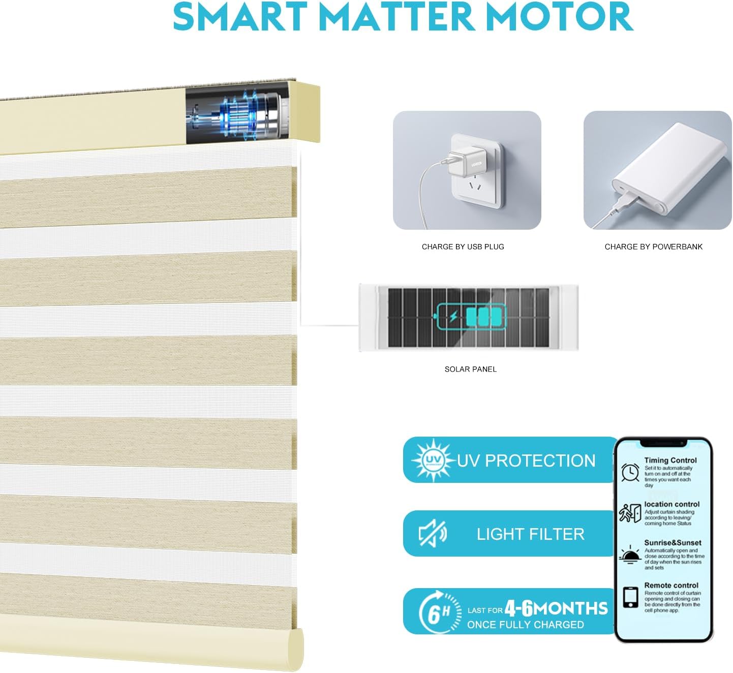 Motorized Zebra Blinds with Remote, Work with HomeKit Alexa, Smart Light Filtering Horizontal Automatic Electric Window Shades for Home Office Customsize（90% Blackout Beige）