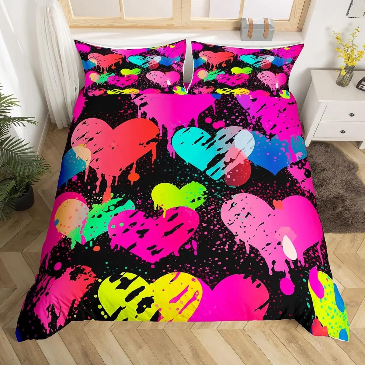 Parure de Lit 260x240 Noire romantique aux couleurs vibrantes d'un cœur d'amour