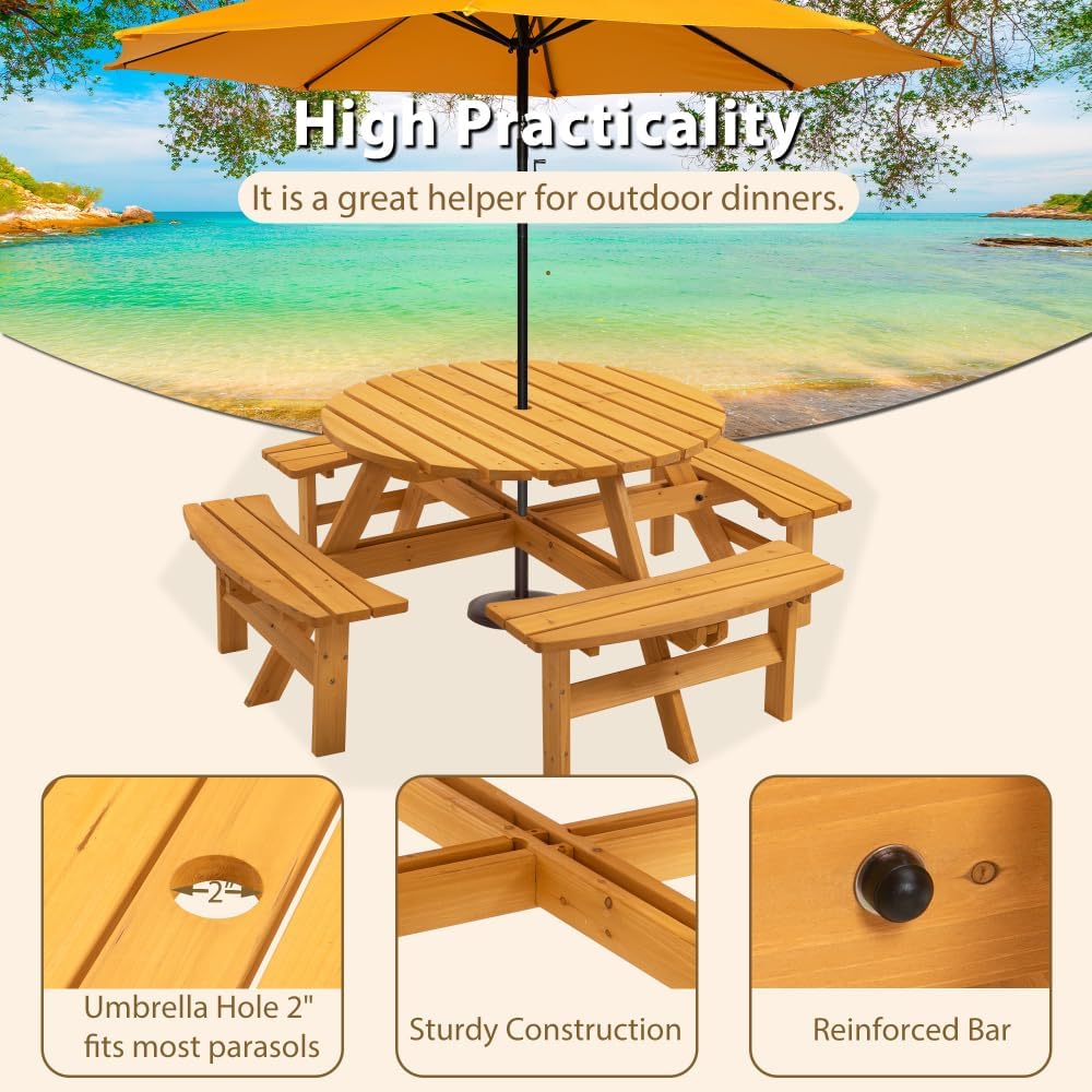 6-Person Circular Outdoor Wooden Picnic Table for Patio, Backyard, Garden, DIY w/ 3 Built-in Benches, 1720lb Capacity - Natural (8-Person Wooden Round Table Yellow)
