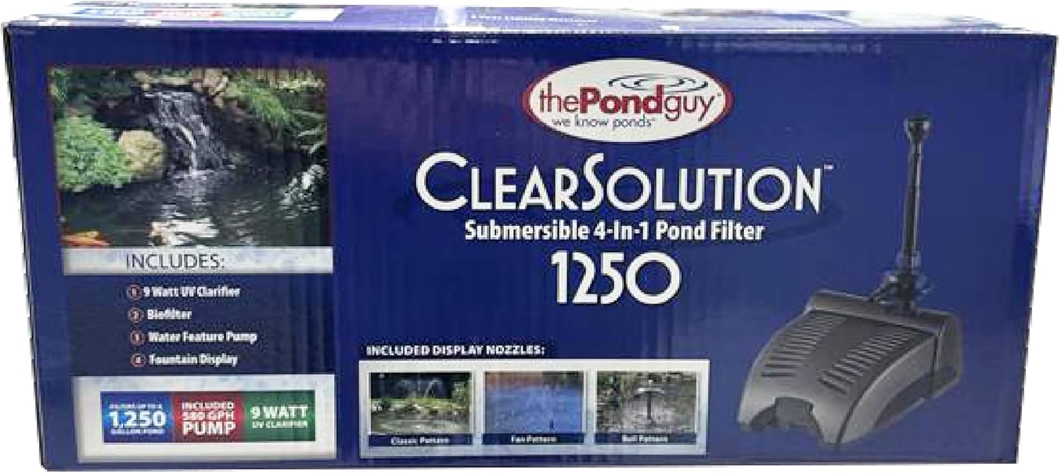 The Pond Guy ClearSolution Submersible Filter, Pump & Ultraviolet System for Outdoor Water Garden with Fountain Attachments & Diverter Valve, 1250