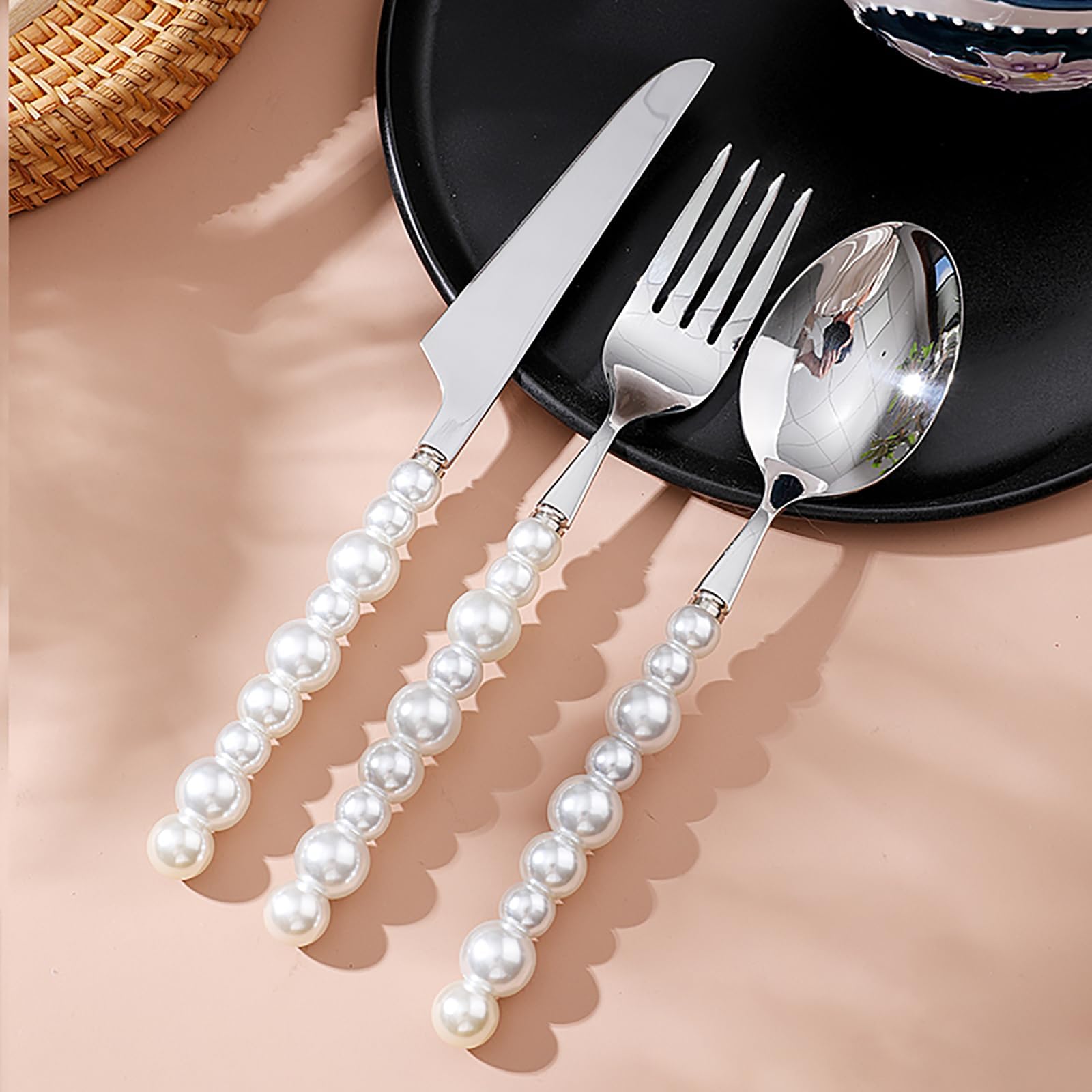 Genérico Juego De Cubiertos De 48 Piezas, Cubiertos De Acero Inoxidable 18/10, Cubiertos con Mango De Perla, Cubiertos Aptos para Lavavajillas, Cubiertos Multiusos para Banquetes