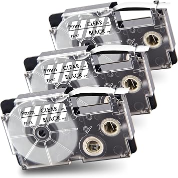 Pristar Compatible Label Tape Replacement for Casio XR-9X XR-9X2S XR9X XR9X2S Black on Clear Label Tape for KL-120 KL-60 KL-100 KL-750 KL-780 KL-820 KL-7200 Label Maker, 9mm3/8" x 8m26, 3-Pack