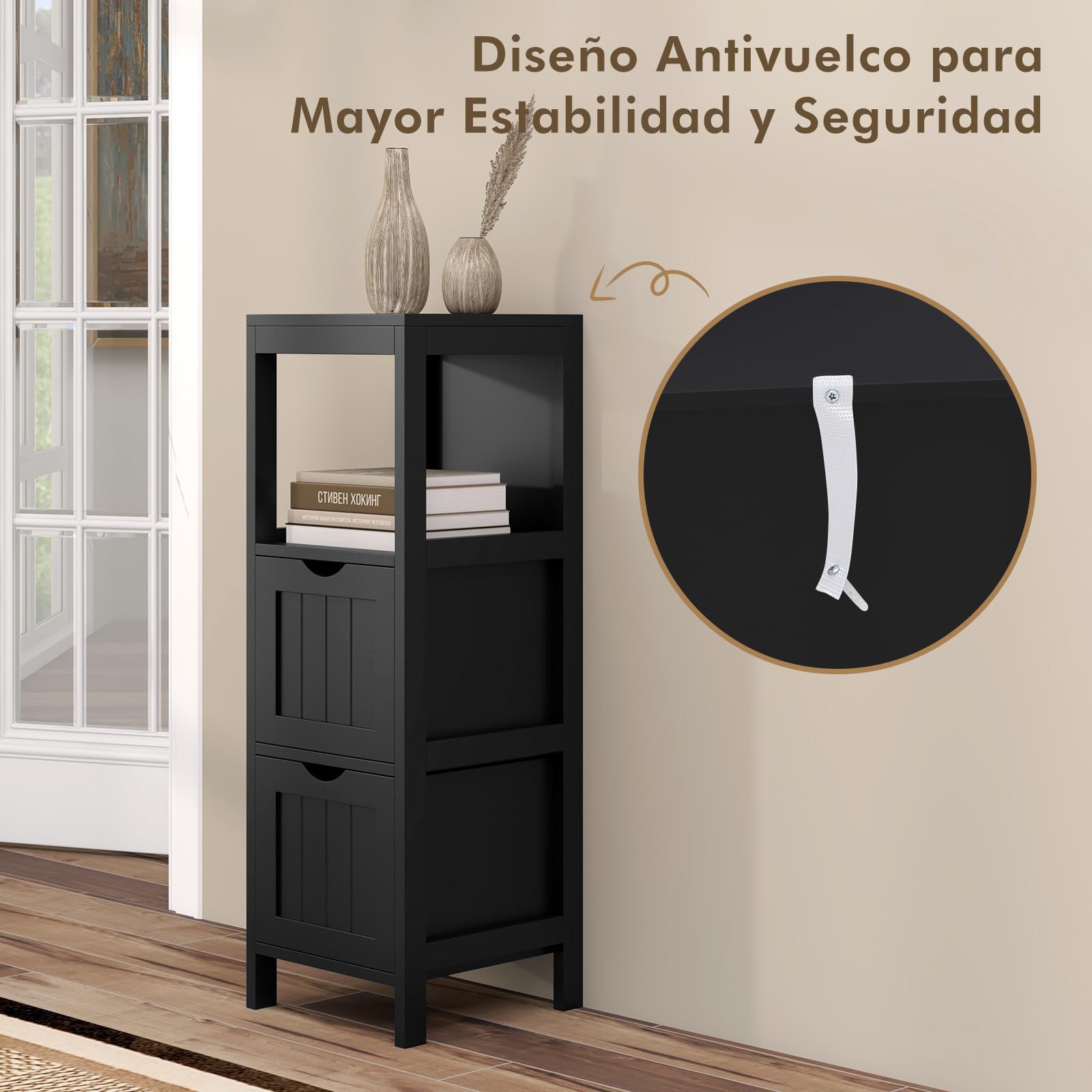 COSTWAY Muebles Baño, Cajonera Baño con 1 Estante y 2 Cajones Extraíbles, Armario Baño Estrecho Lateral, 30 x 30x 90cm, Sala Cocina Comedor (Negro)