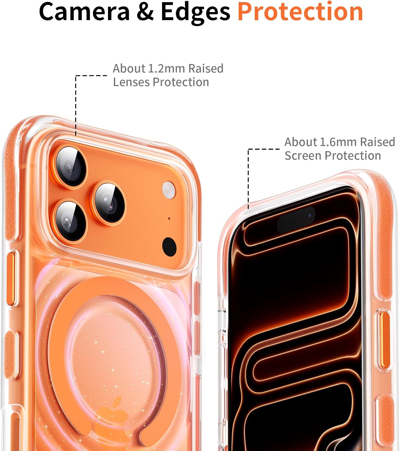 for iPhone 17 Pro Max Phone Case, Compatible with MagSafe, Magnetic Girly Clear Ripple Phone Cover with Bling Sparkly, Summer Colorful Slim Fit Case for iPhone 17 Pro Max 6.9", Glitter Orange