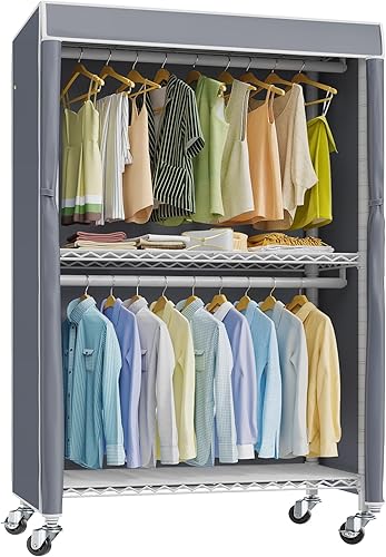 VIPEK V12C - Perchero de ropa resistente con cubierta para colgar ropa armarios portátiles con estantes ajustables de 3 alambres y varillas dobles