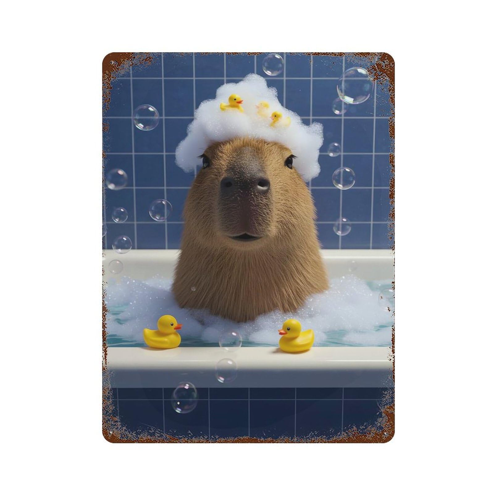 Garage Style Capybara in Bathtub with Rubber Ducks Rust Effect Tin Sign 15.7"x11.8", Industrial Home Decor for Bar And Workshop
