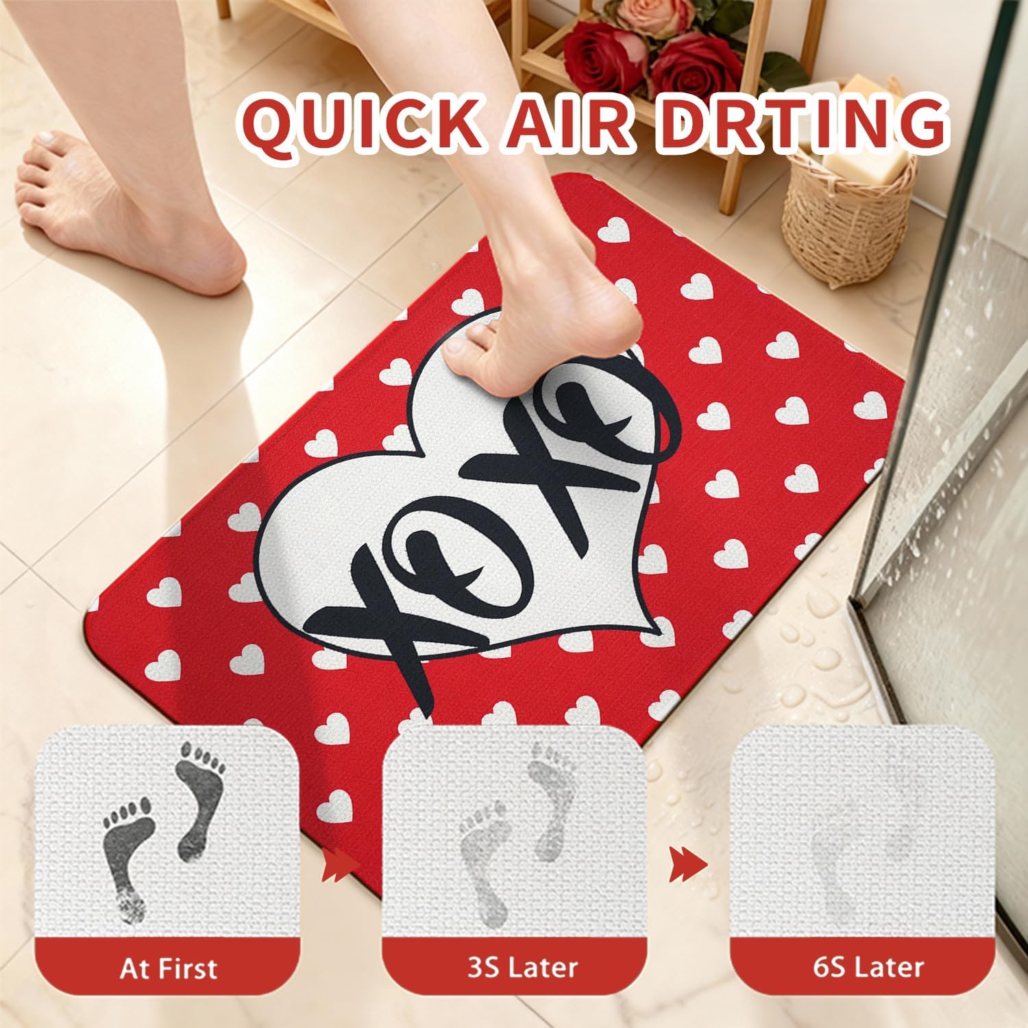 Valentine's Day Bath Mats for Bathroom 17x27 Inch Non-Slip Washable Valentines Love Heart Bathroom Rugs Super Absorbent Valentine Anniversary Wedding Home Decor Rug
