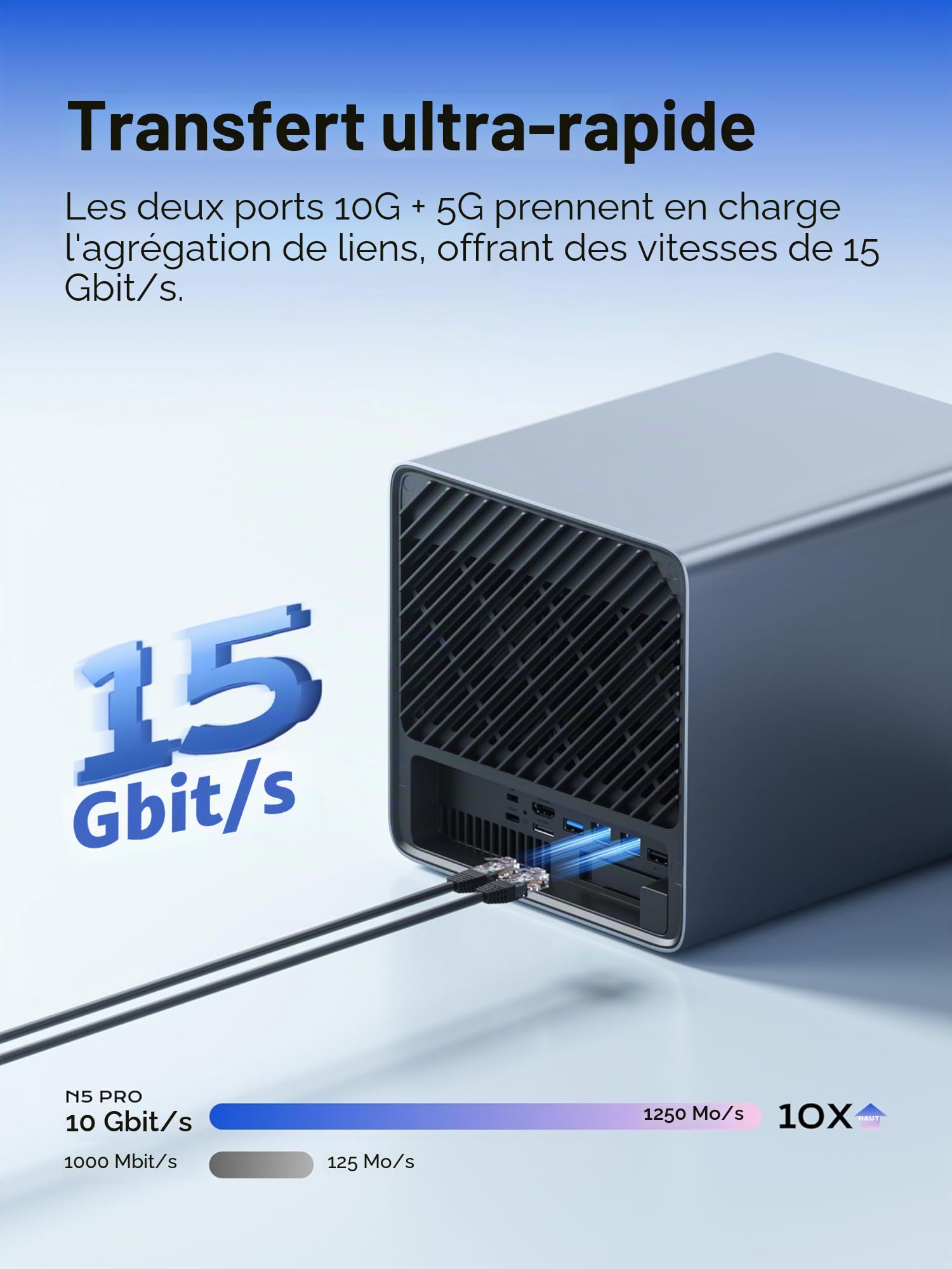 MINISFORUM N5 Air NAS de Bureau à 5 Baies, processeur AMD Ryzen 7 255 (8C/16T), Barebone, Dual DDR5 Slots Jusqu'à 96 Go, 1x 10GbE, 1x 5GbE, 2 Ports USB 4.0 (8K), HDMI 8K, OCuLink, 3xM.2 Slot