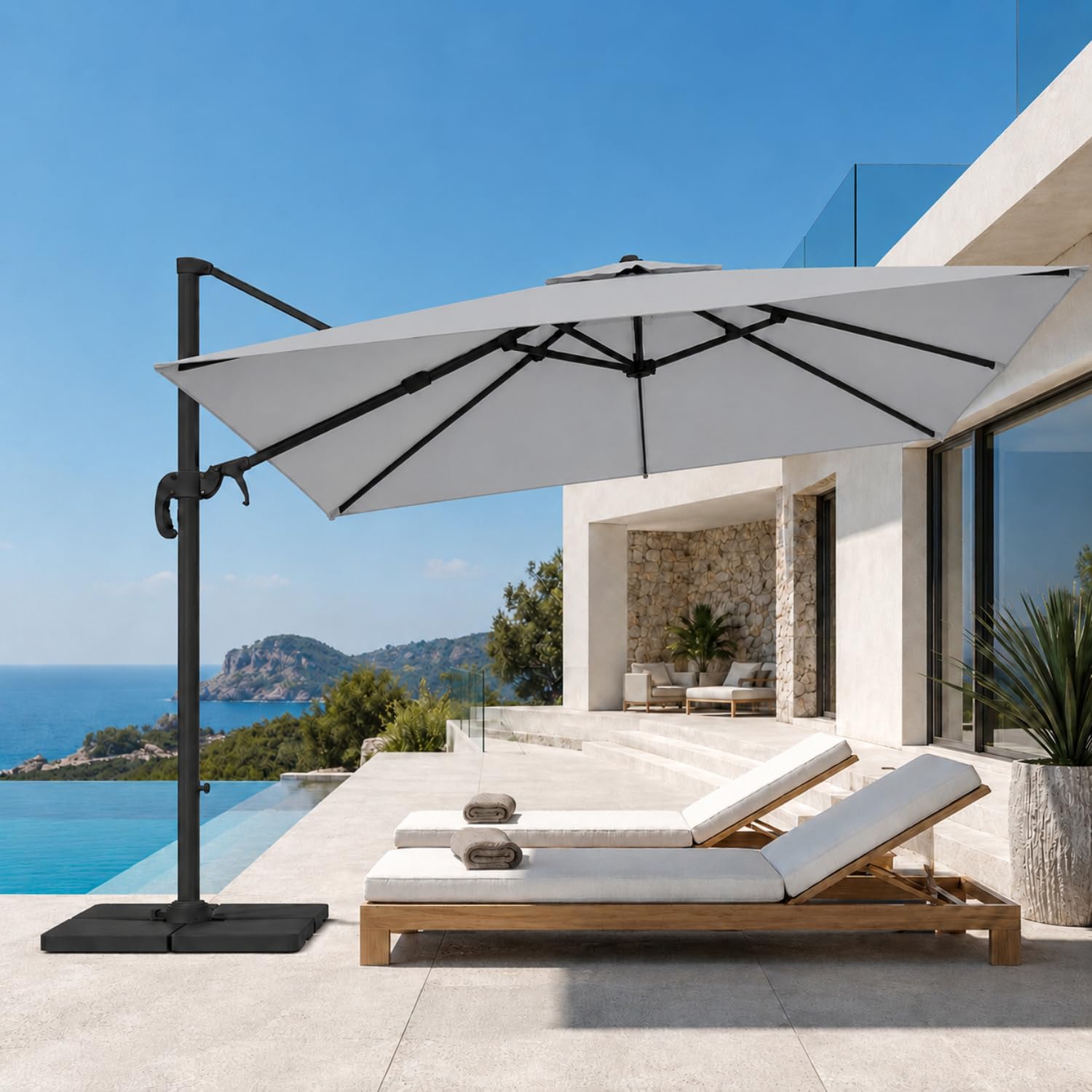 Ombrellone 3x3 M Giardino Braccio Retrattile Per Piscina Terrazze Bar Hotel In Acciaio Inossidabile Braccio Rotabile 360° Impermeabile Resistente Ai Raggi UV Grigio Chiaro