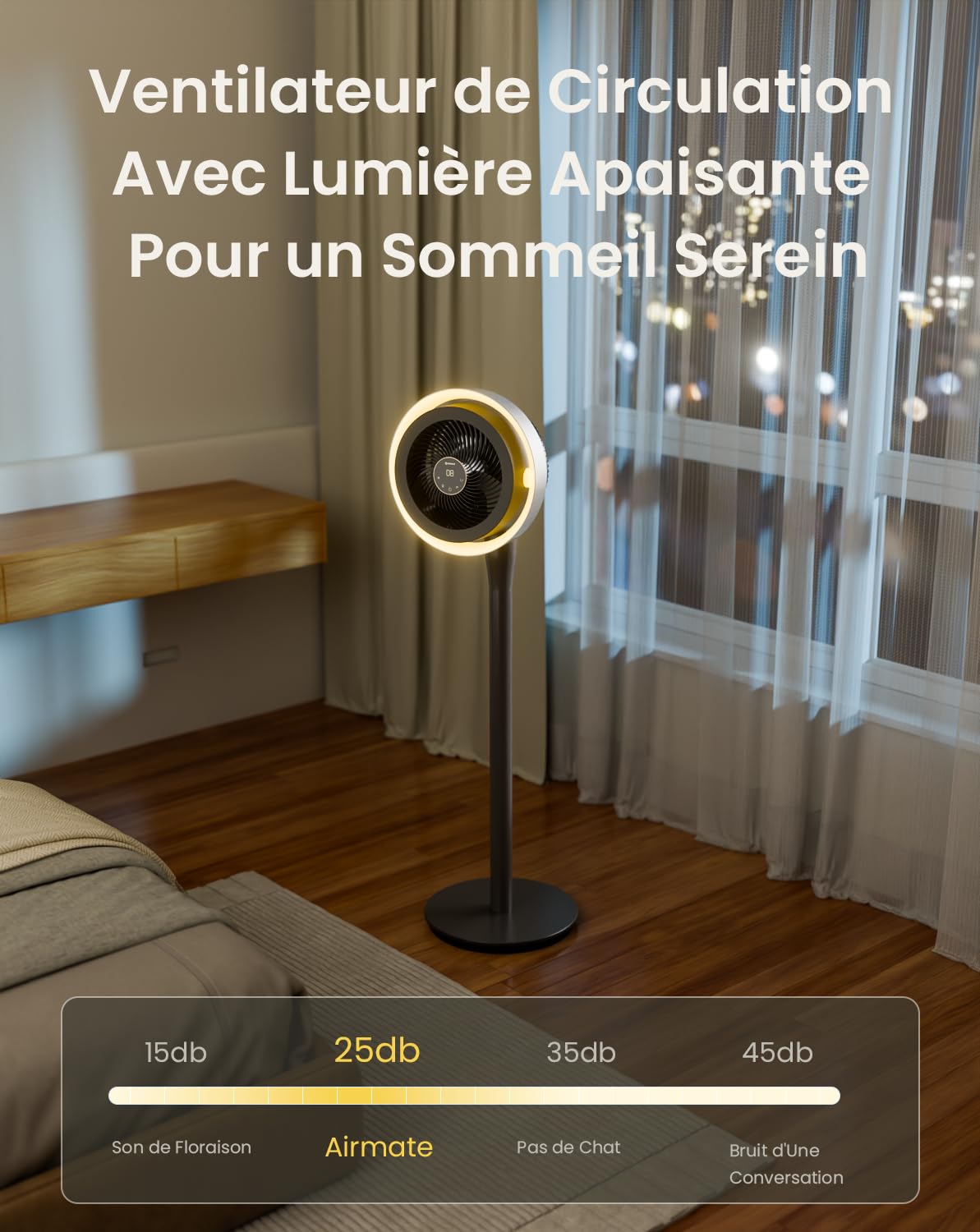 Airmate Ventilateur avec Lumière, 25dB Ventilateur Silencieux, Ventilateurs sur Pied à 16 Vitesses Réglables, Vent Fort, Oscillant 90°+120°, Trois Hauteur Réglables, Fan avec Telecommande