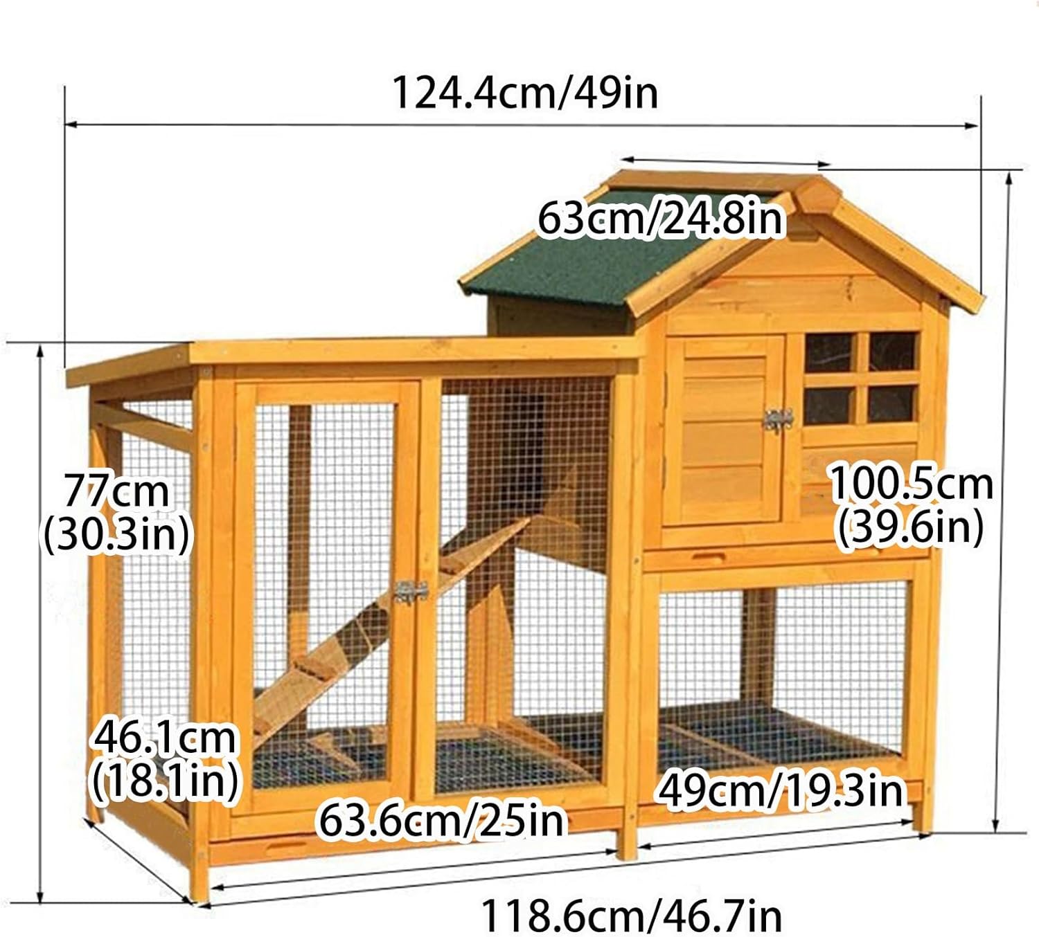 Wooden Bunny Hutch, Outdoor Rabbit Cage with Exclusive Trays and Bottom Wire Mesh, 2-Story Chicken Coop for Small to Medium Animals,Golden Yellow