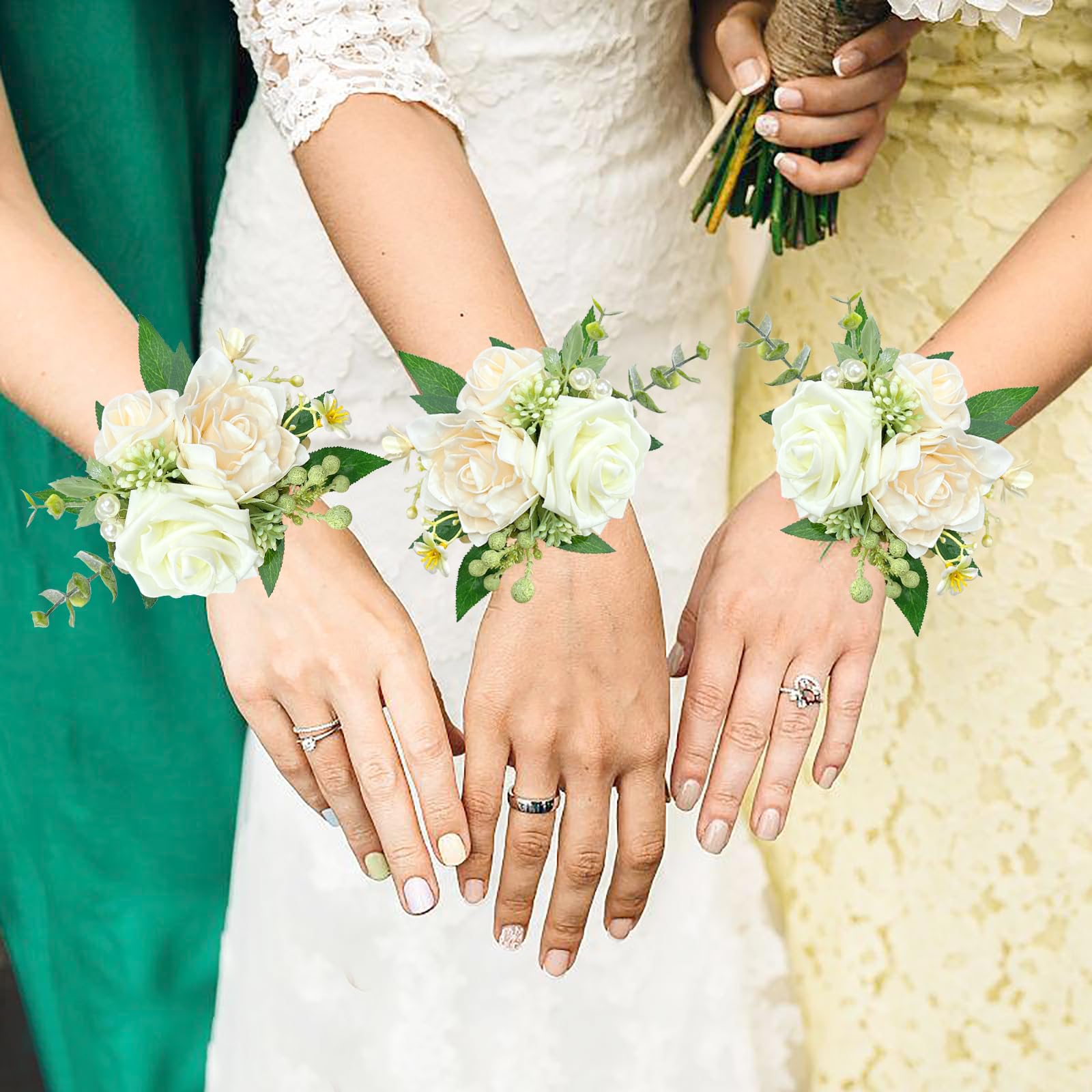 Corpetto da polso con rosa avorio per matrimonio (set di 6), braccialetto da polso bianco con fiore da sposa per ragazze, donne, madre della sposa e dello sposo