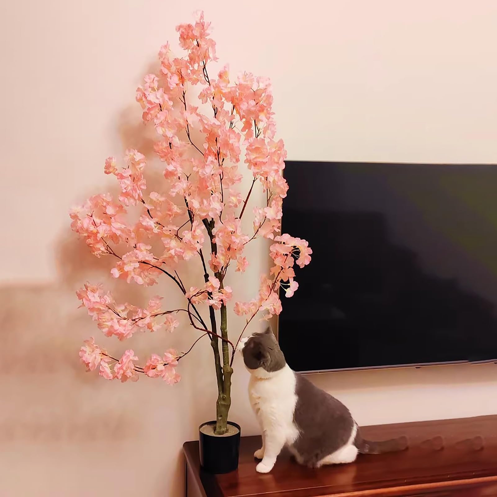 Plantes Artificielles Imitation Cerisier en Fleurs avec Mousse Verte Artificielle, Superbe Faux Arbre de Plantes D'extérieur pour Porche de Patio, Pot Décoratif avec Fleur Presque Naturelle(H 200cm(6.