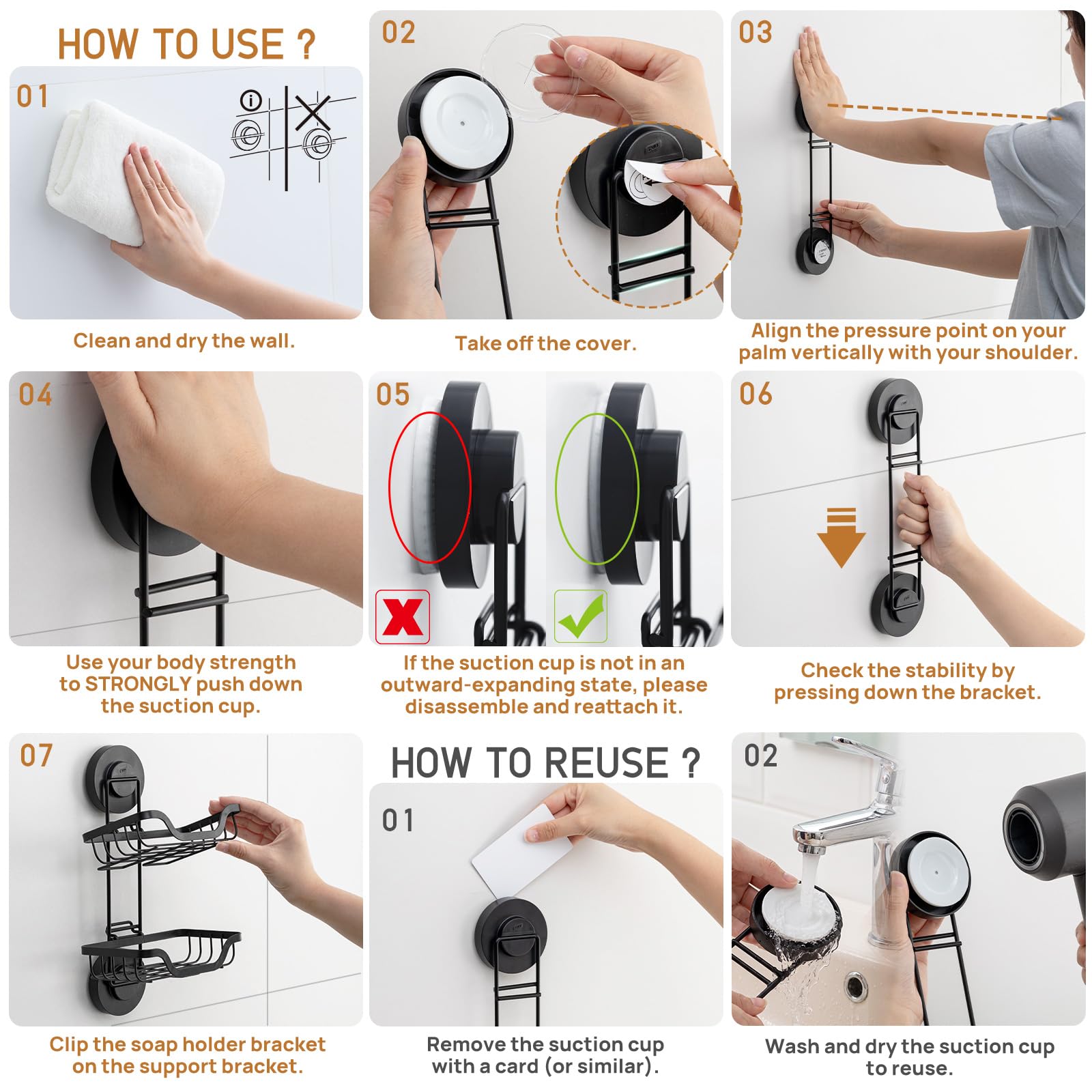LEVERLOC Soporte de jabón de ducha con ventosa montado en la pared, jabonera de doble capa para ducha, baño, bañera y fregadero de cocina, soporte extraíble a prueba de óxido, color negro