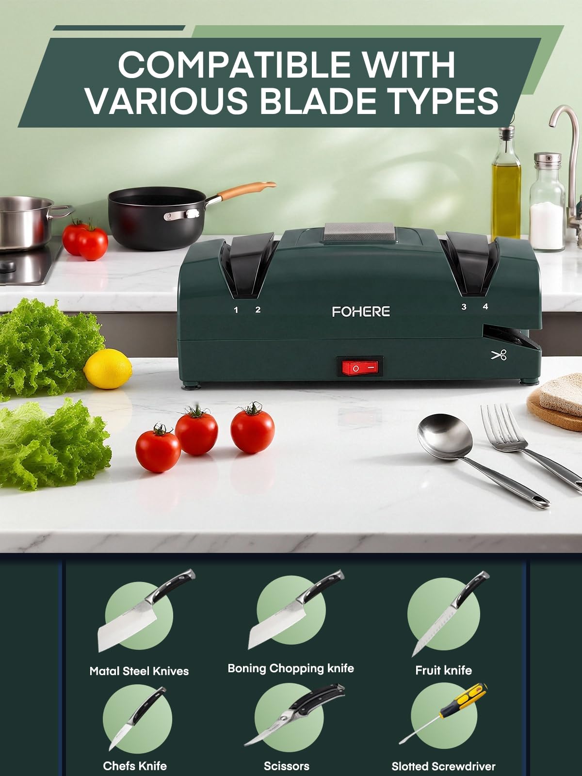 FOHERE Affilacoltelli Elettrico 5 in 1 | Forbici, Cacciaviti a Taglio