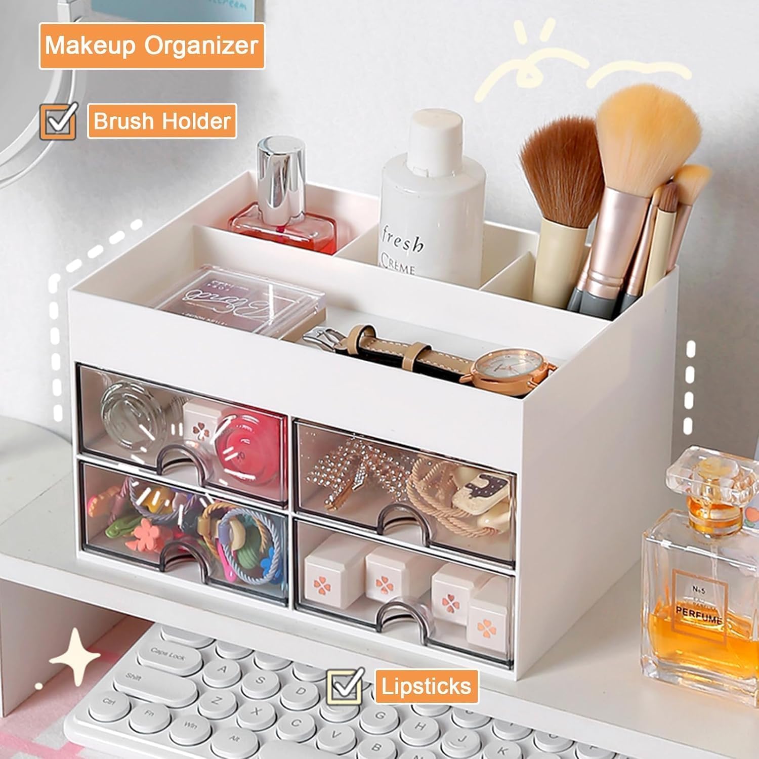 Zollyss Organizer da scrivania multifunzionale in plastica con 4 scomparti e 4 cassetti, organizer da scrivania per articoli di cancelleria, organizer per cosmetici, per penne, cucitrici, clip