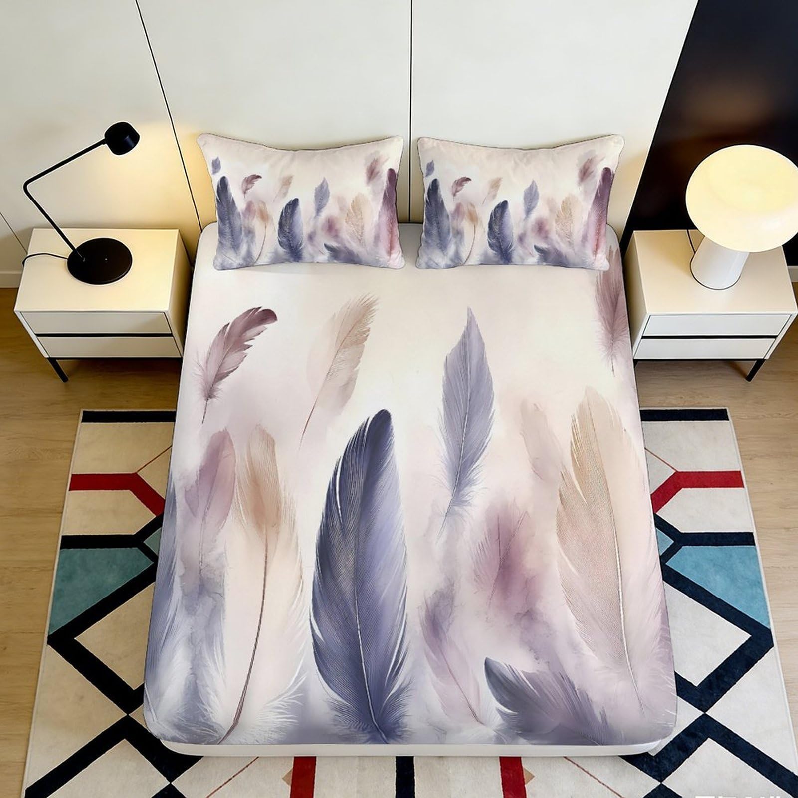3D Printed Feather Pattern Fitted Sheet Microfiber Soft Breathable Pastel Plumage Mattress Cover for Bedroom Dorm 90x200x25cm