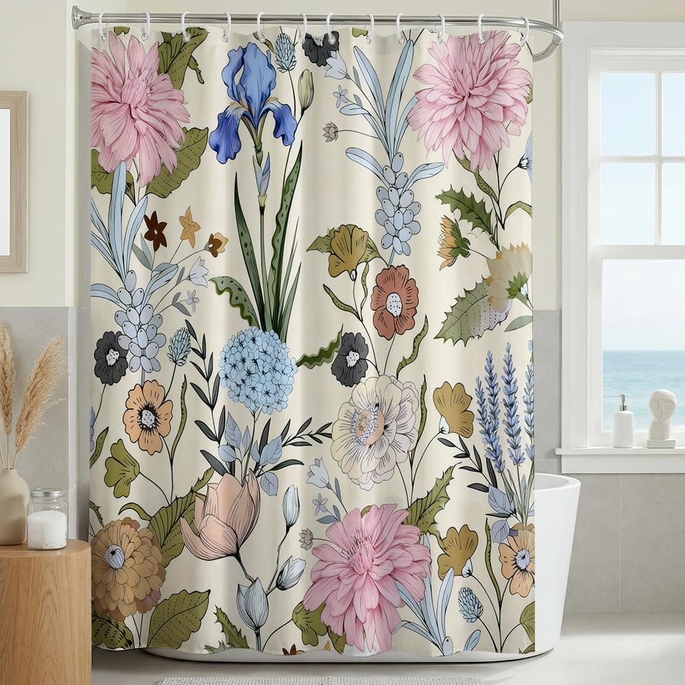 Rohxyzo Washable Shower Curtain with Hooks, Wet Room Shower Curtain 180 x 180 cm, Vintage Colorful Floral Pattern, Polyester Fabric Shower Curtains for Bathroom - Includes 12 Hooks