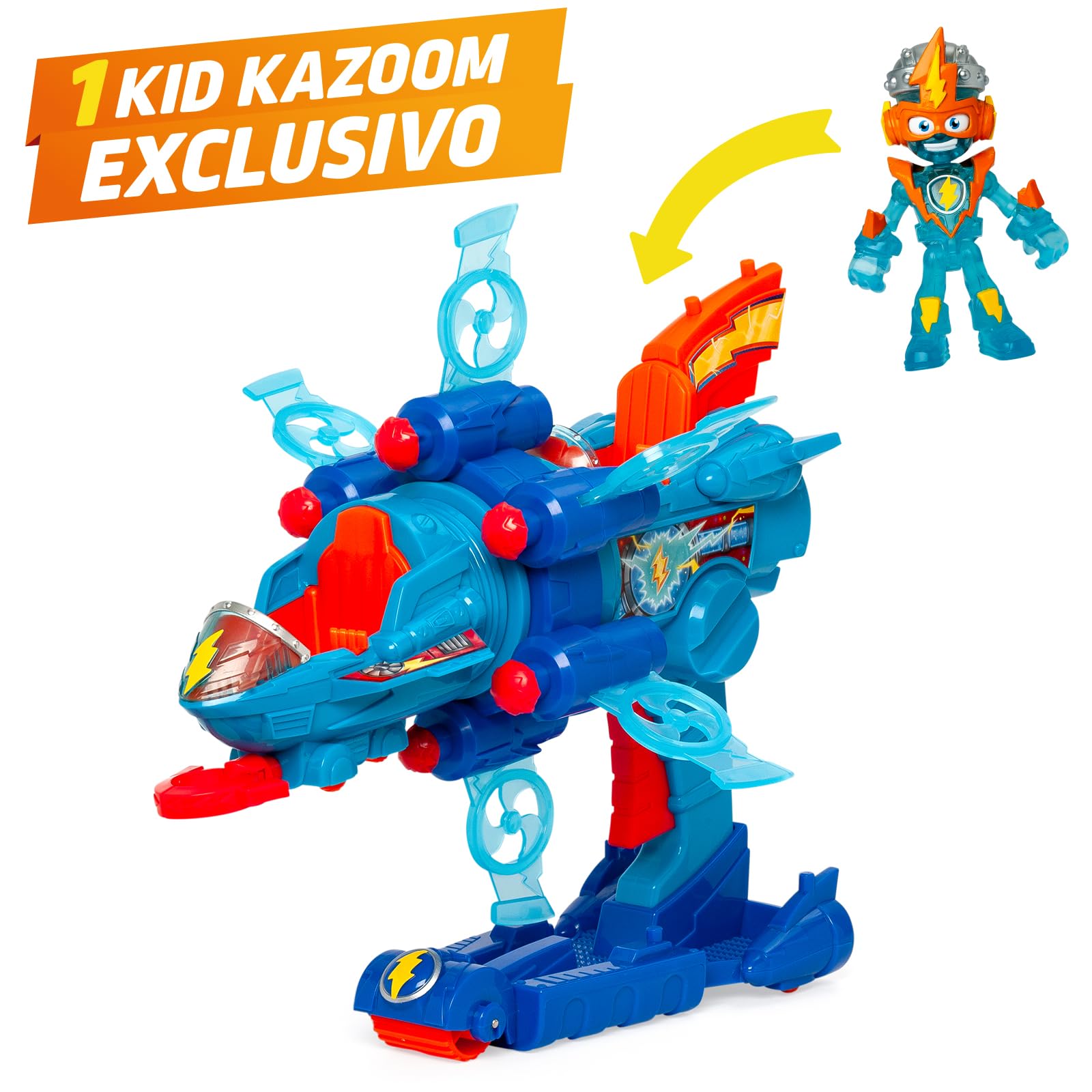 SUPERTHINGS KAZOOM Power – Vehículo Multi-acción de la Serie de TV ''Kazoom Power'', Contiene 1 Blaster Jet, 1 Kid Kazoom Exclusivo y 6 Proyectiles