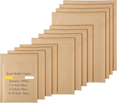 100 Pcs Kraft Bubble Mailers 3 Size Padded Envelopes, Natural