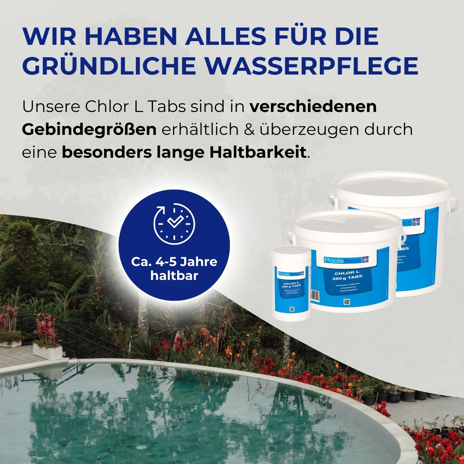 PoolsBest 1kg Chlor L 200g I langsamlösliche Chlortabletten für Pool I hochwertige Poolpflege Chlortabs I Langzeit Tabs mit 92% Aktivchlor I Pool-Chlor-Tabletten zur Desinfektion