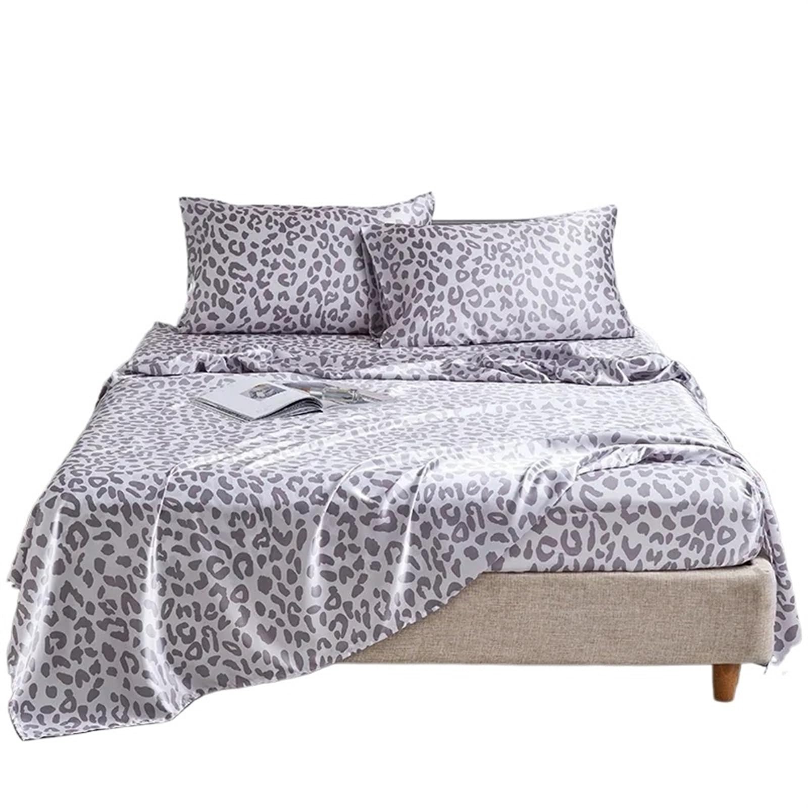 Draps lit satiné léopard argenté Queen Size avec drap-housse et plat