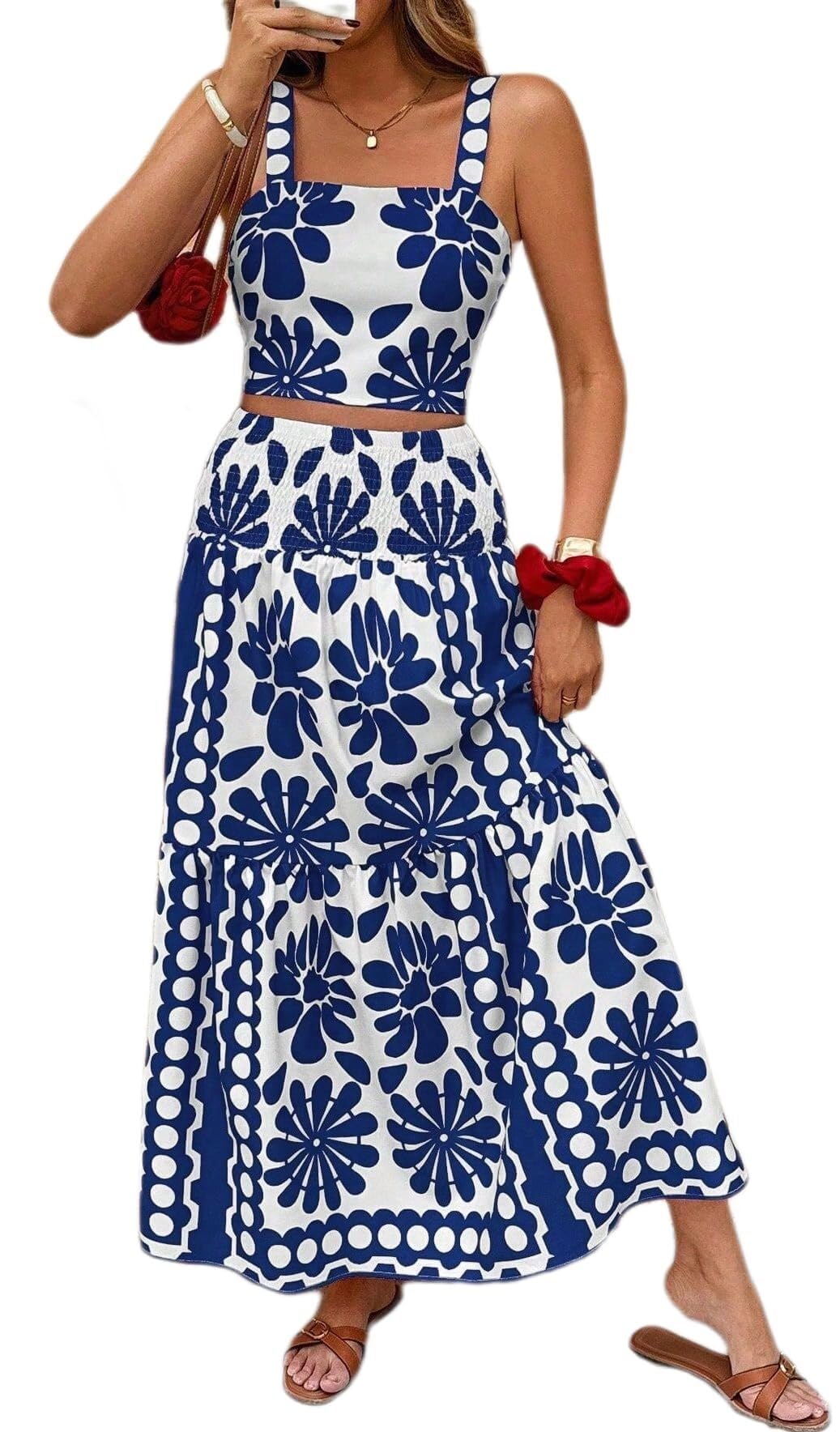 Generale Completo Due Pezzi Donna Floreale, Top Col Halter Collo Quadrato Senza Maniche Crop, Gonna Maxi Vita Alta, Outfit Estate Vacanze