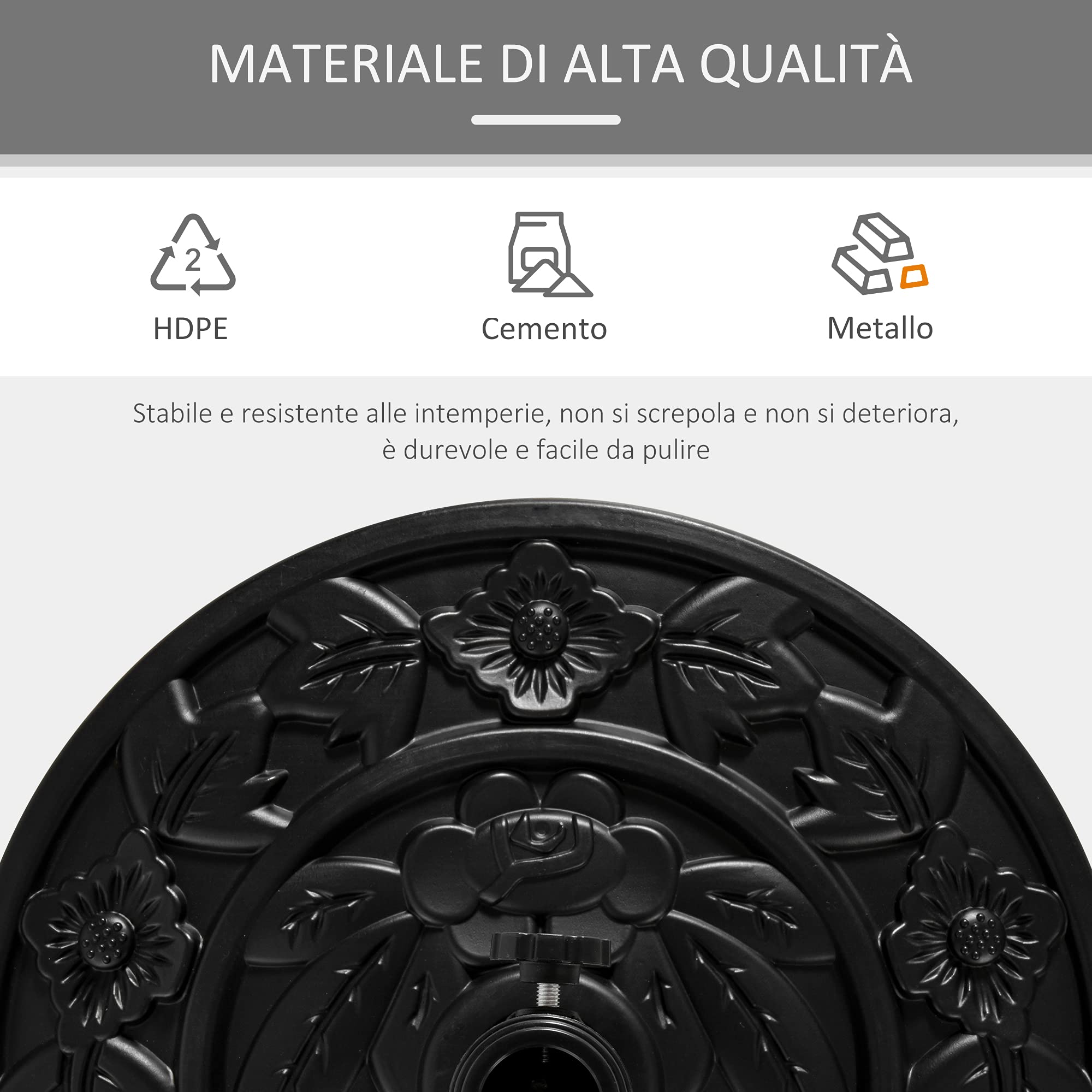 Outsunny Base per Ombrellone Semicircolare con Palo da 35/38/48 mm e Motivi Floreali, Basamento per Ombrellone in Cemento, HDPE e Metallo, Ø50x32x32 cm, Nero