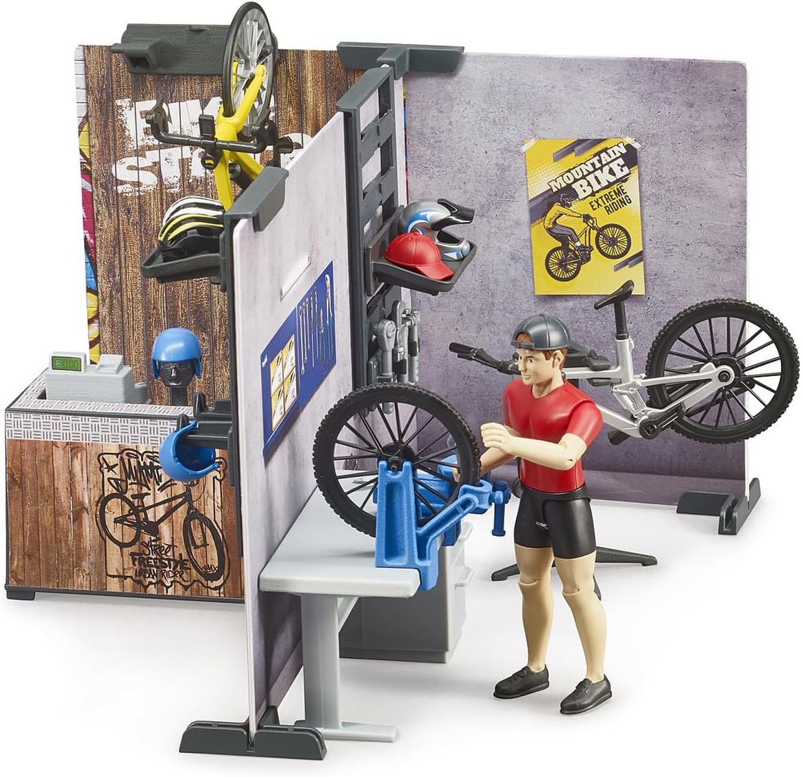Bruder 63120 bworld Bike Shop & Service Juguete Realista, para Niños, Escala 1:16 | Escala 1:16, bicicleta de carretera y de montaña, fabricada en Alemania, a partir de 4 años.