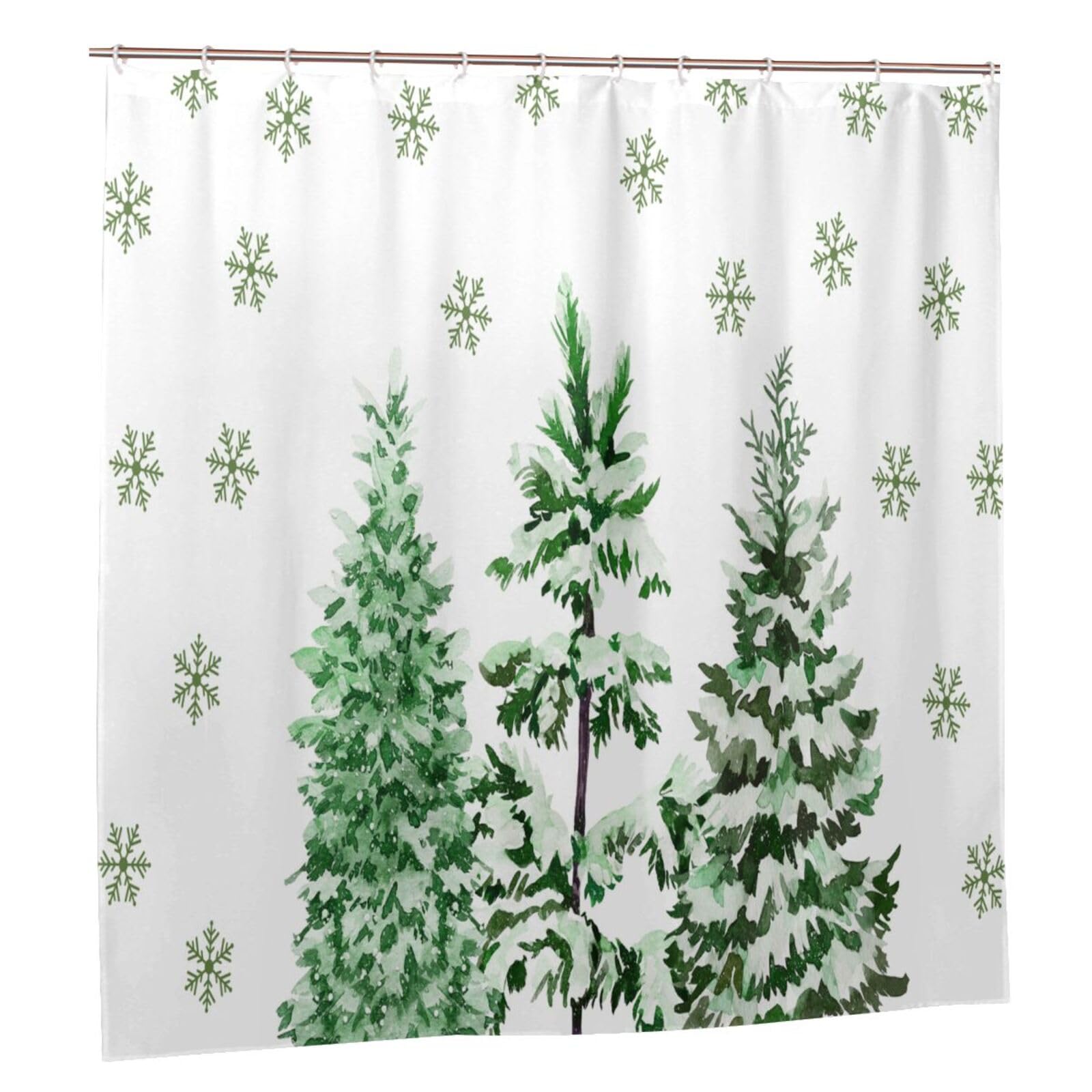 JOOCAR Green Christmas Tree Shower Curtain Winter Snow Tree Snowflake Shower Curtains Watercolor Holiday Bathroom Decor Polyester Fabric Waterproof Shower Curtain Set with 12 Hooks, 150x180cm