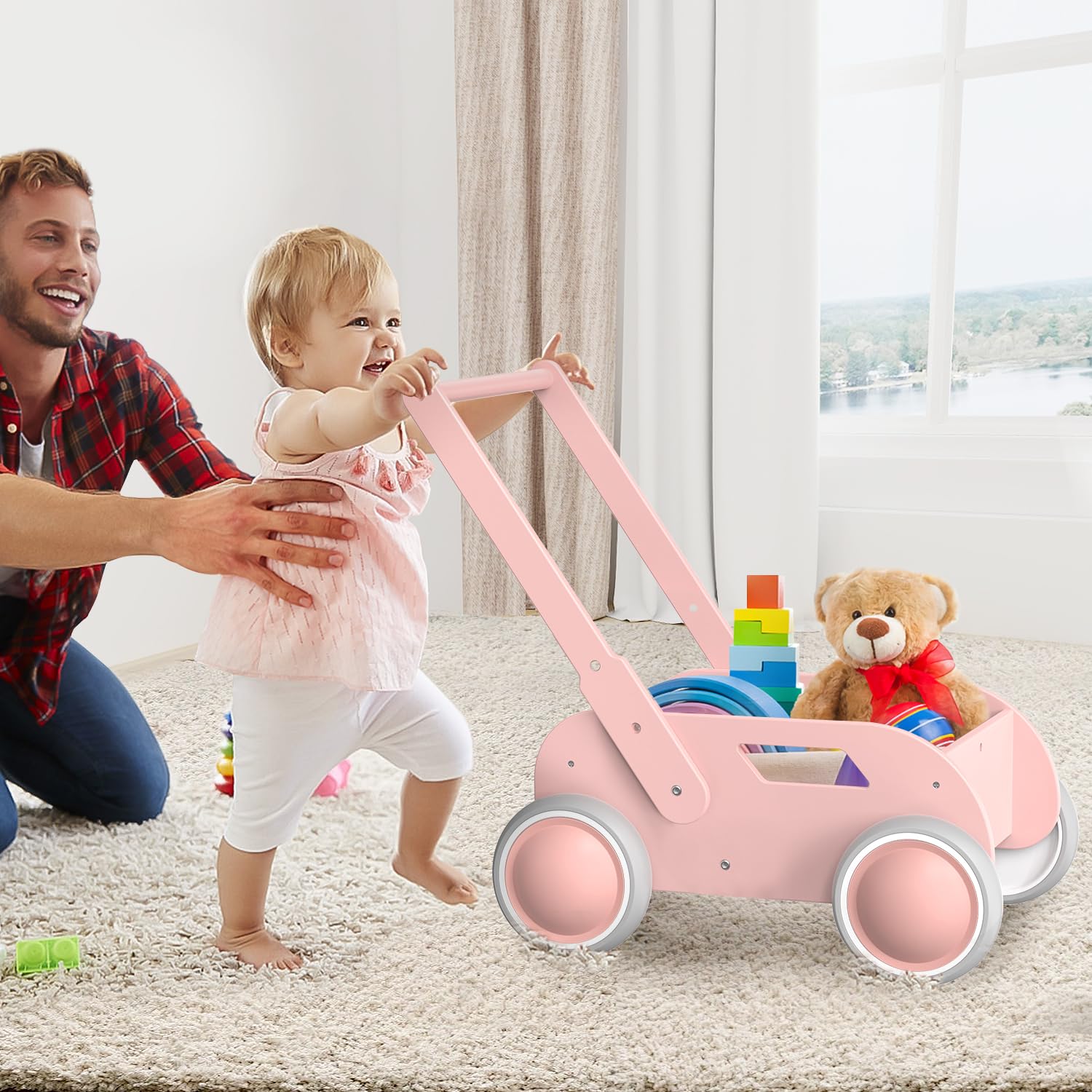 Toddler Push & Pull - Passeggino in legno, per bambini e bambine, giocattolo per primi passi con ruote, regalo per compleanno, Natale, rosa