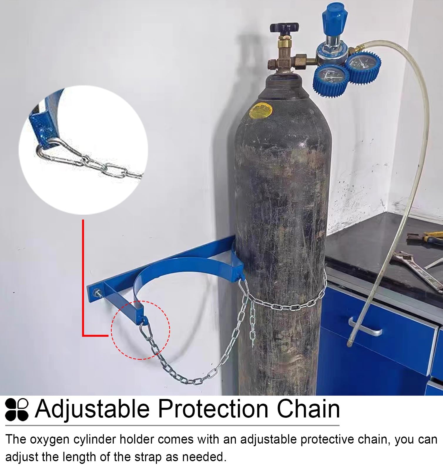 Generisch Sauerstoffflaschenhalter aus Metall mit Befestigungskette und Schraube, Blauer Sauerstoffflaschen-Wandhalter, Mehrzweck-Festgestell zur Aufbewahrung von Propan-/CO2-Flaschen (35 cm