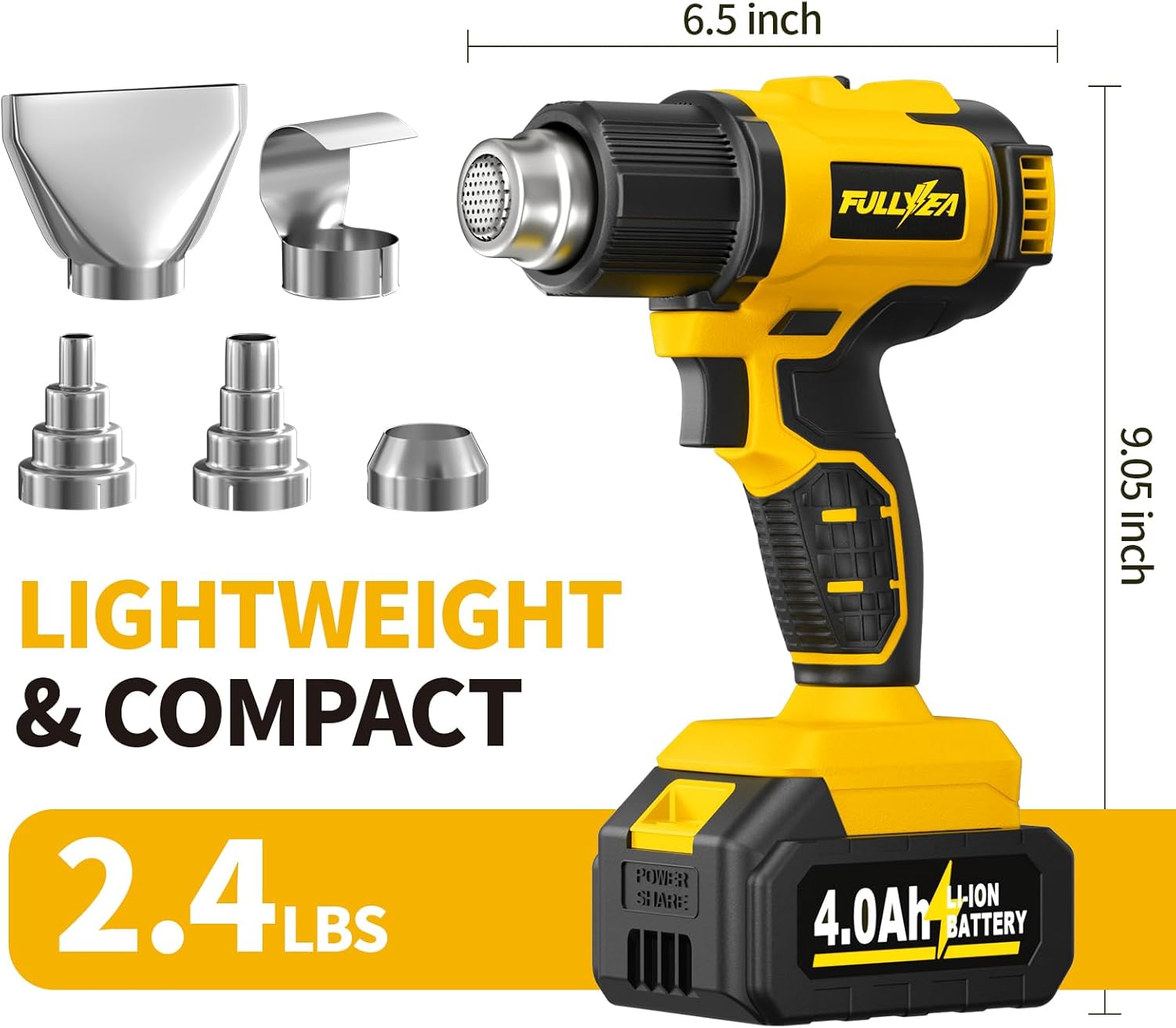 FULLYEA Heat Gun Cordless, 550℃ Fast Heating Gun, 2-Temperature Setting, Portable Hot Air Guns with 2 * 4.0Ah Batteries & 5 Nozzles, Handheld Small Heat Gun Kit for Shrink Tubing, Crafting (Yellow)