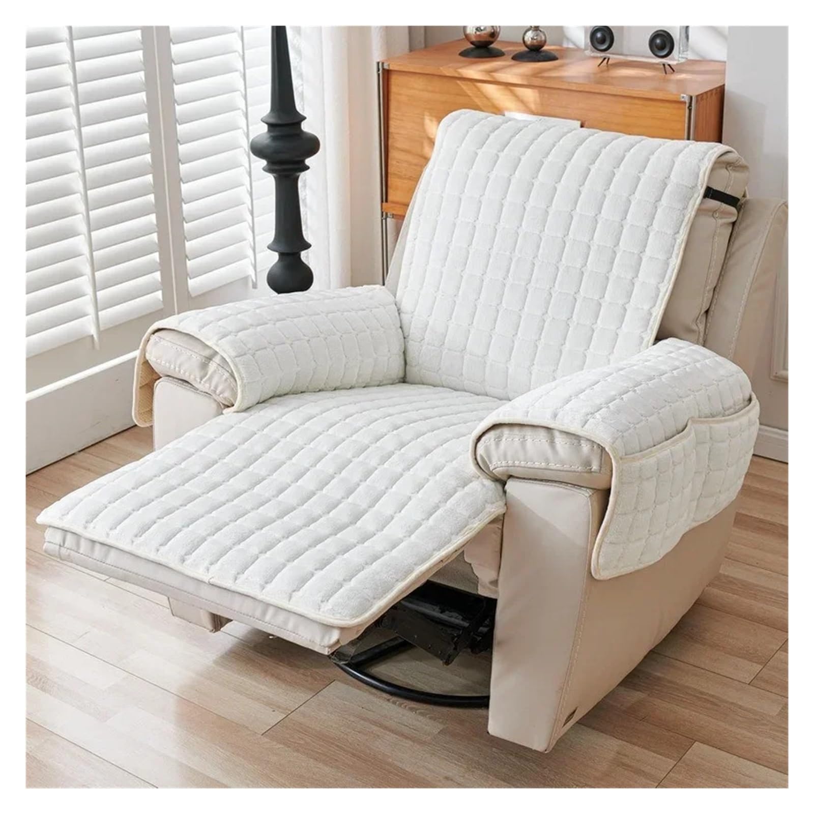 WJIAYAO Thick Plush Recliner Chair Cover 1 Seater Recliner Sofa Covers Flannel Plush Armchair Slipcovers with Pockets Relax Recliners Mat Chair Cover Home(White)