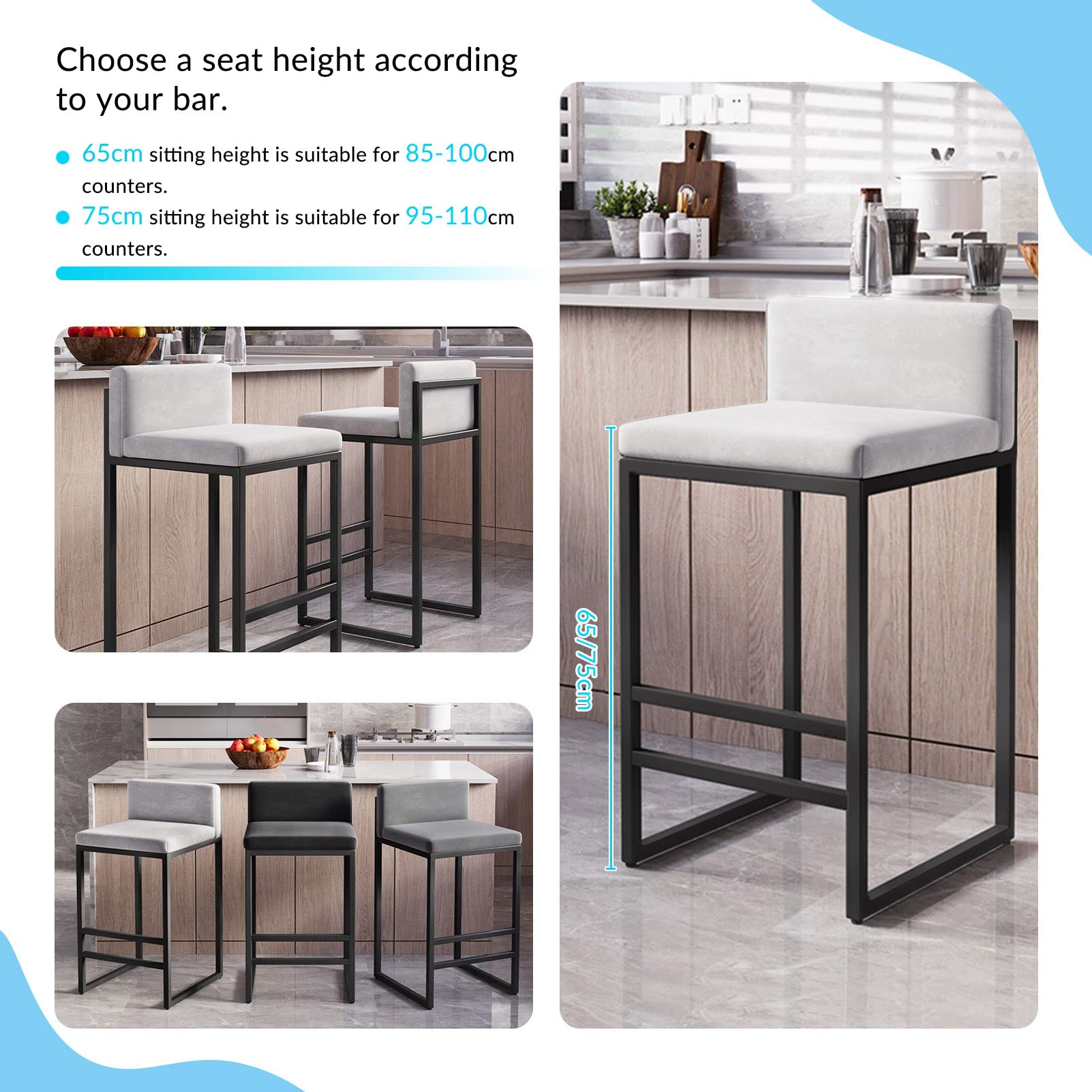 Zestaw 2 Welurowych Hokerów Barowych Z Oparciem, Metalowa Rama, Czarna Poduszka, Złote Nogi – Idealne Do Kuchennej Wyspy I Pubu, Wysokość 75 Cm, Stylowe I Wygo,Gray Cushion+gold-65cm