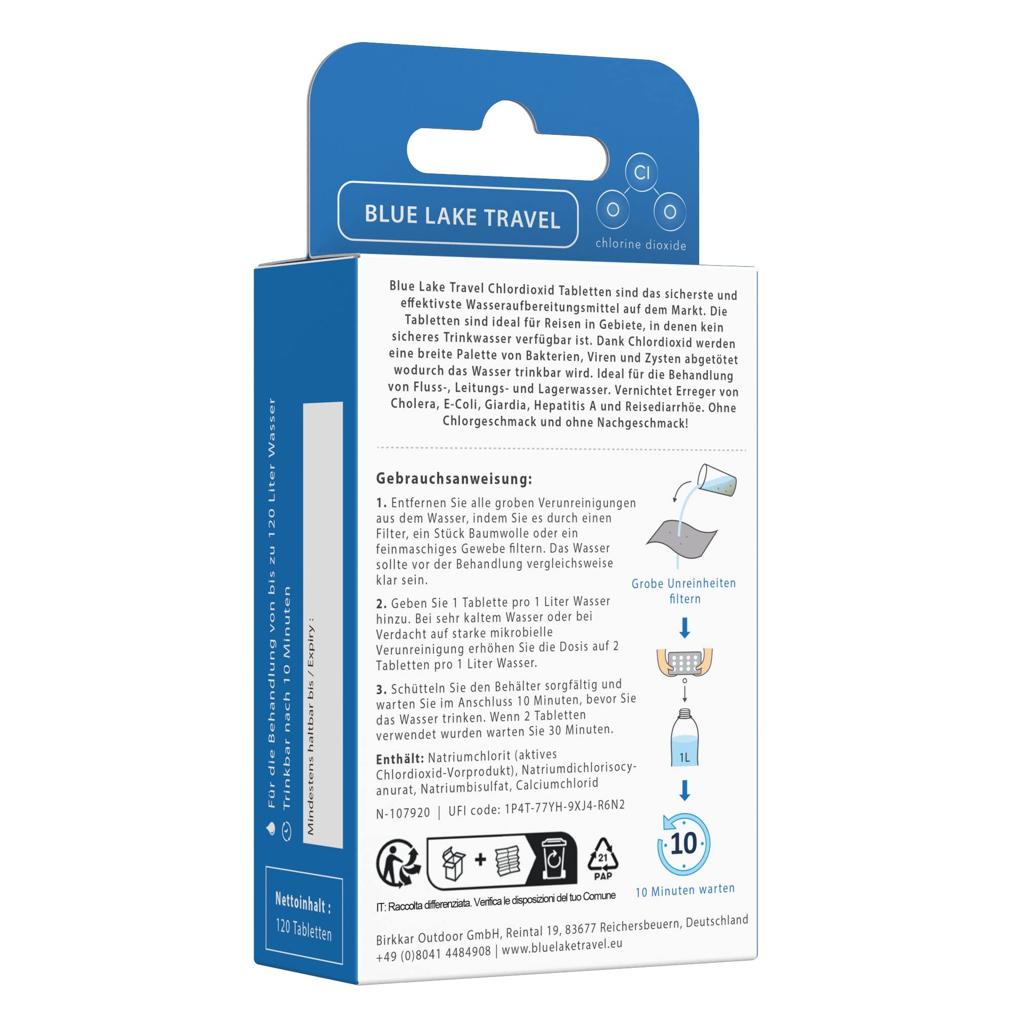 Blue Lake Travel Wasseraufbereitung Trinkwasser (4x30 Tabletten) - Wasserentkeimung & Trinkwasseraufbereitung - Chlordioxid Tabletten - Blackout Notfallrucksack - Notfall Ausrüstung