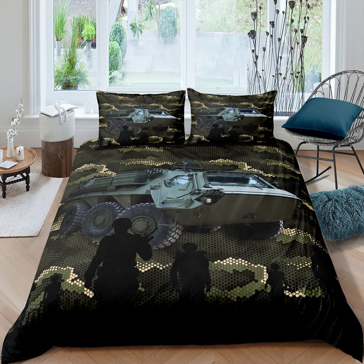 richhome Camouflaged Bedding Set Super King Size,3D Tank Soldier Silhouette Duvet Cover,Snake Skin Army Style 3 Pieces Decorative Bedding,Boys Teens Men Adults Comforter Cover โ image 1
