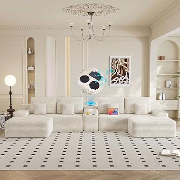 150" U Shaped Couch for Living Room w/ Storage, Built-in Speaker, White