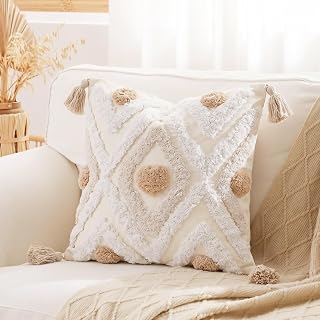 NUYECY Farmhouse Square Pillow Cover 18 x 18,Cotton and Linen Tufted Decorative Boho Pillow Case for Couch Sofa Bed Farmhouse Chair Outdoor,Khaki&Beige&White