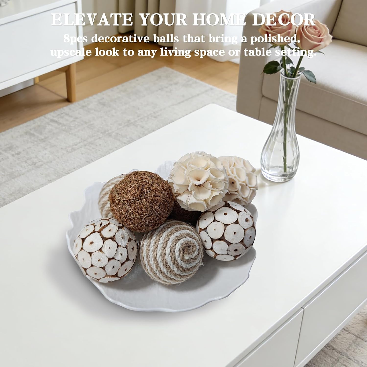 8 Pcs Natural Handmade Decorative Balls, Bowl Filler Orbs for Home Decor, Table Centerpiece & Dough Bowl Vase Decor