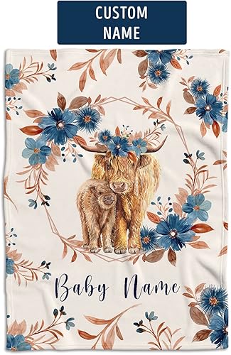Miniatura 4 de Highland Cow - Mantas de bebé para niña, mantas de bebé personalizadas para niñas, mantas de vaca bebé personalizadas con flores, mantas de felpa